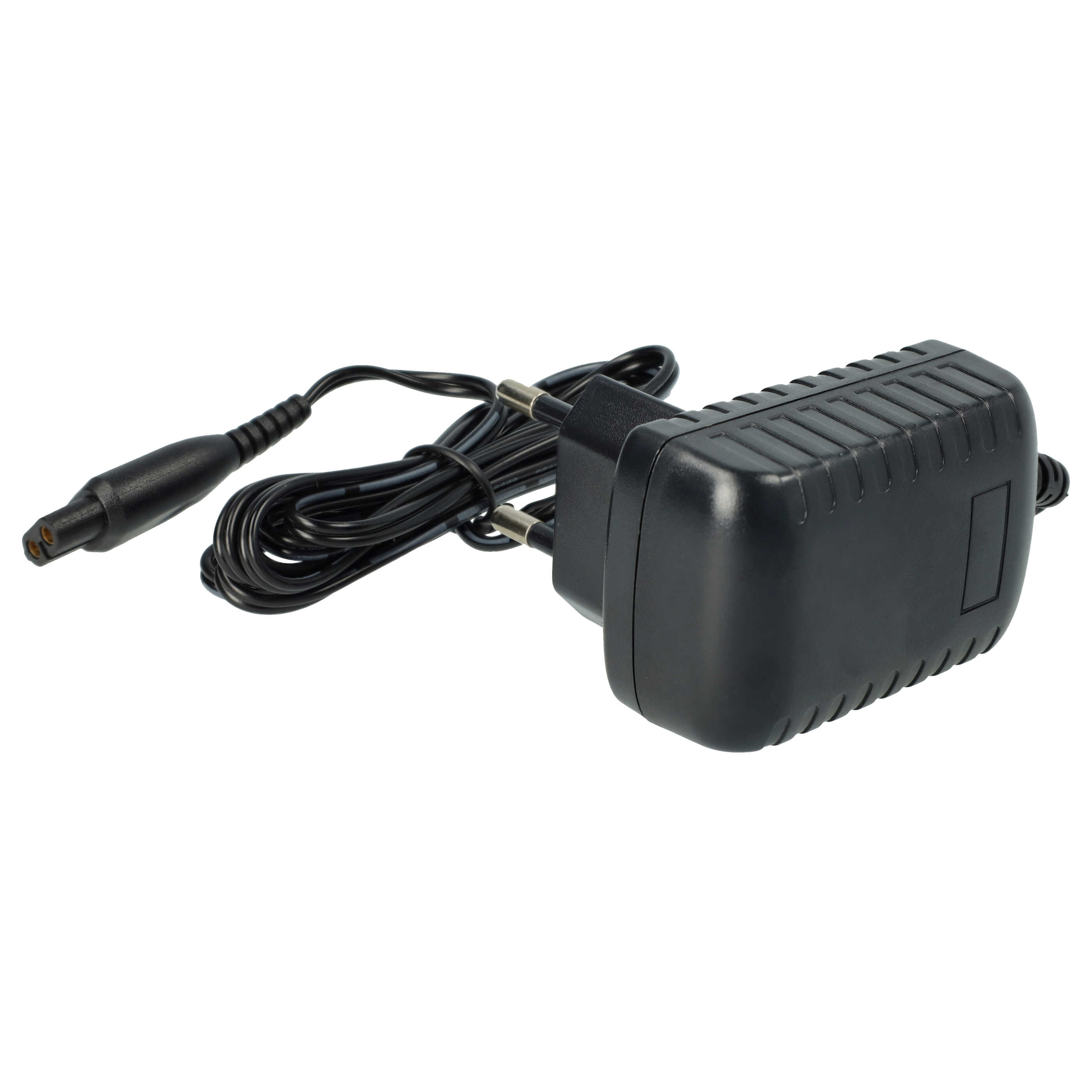 Ein schwarzes Netzteil mit Kabel und Stecker liegt auf einer weißen Oberfläche.
