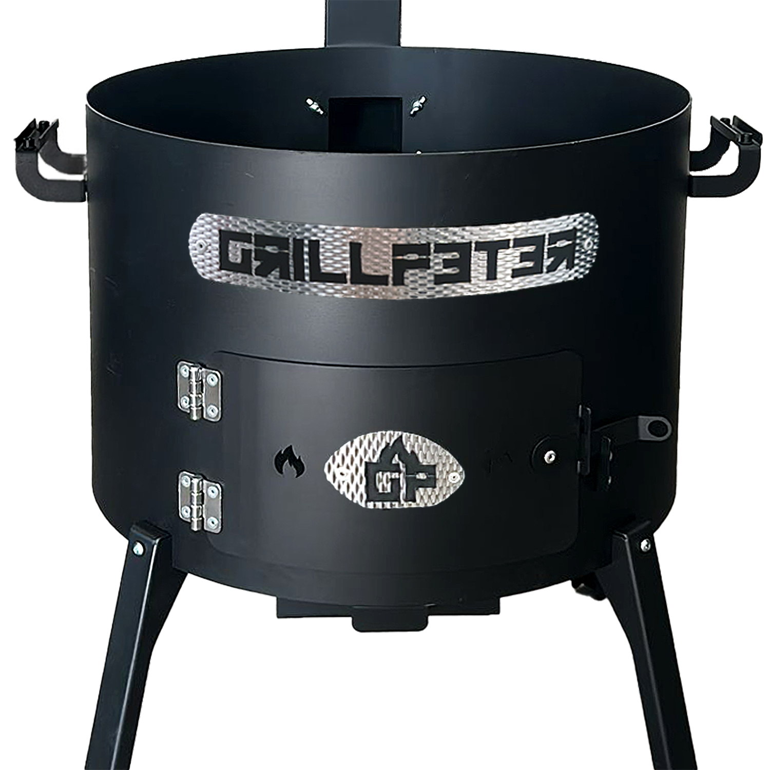 Ein schwarzer Außengrill mit dem Wort "GRILLFETE" darauf. Es hat eine Tür, Beine und Griffe.