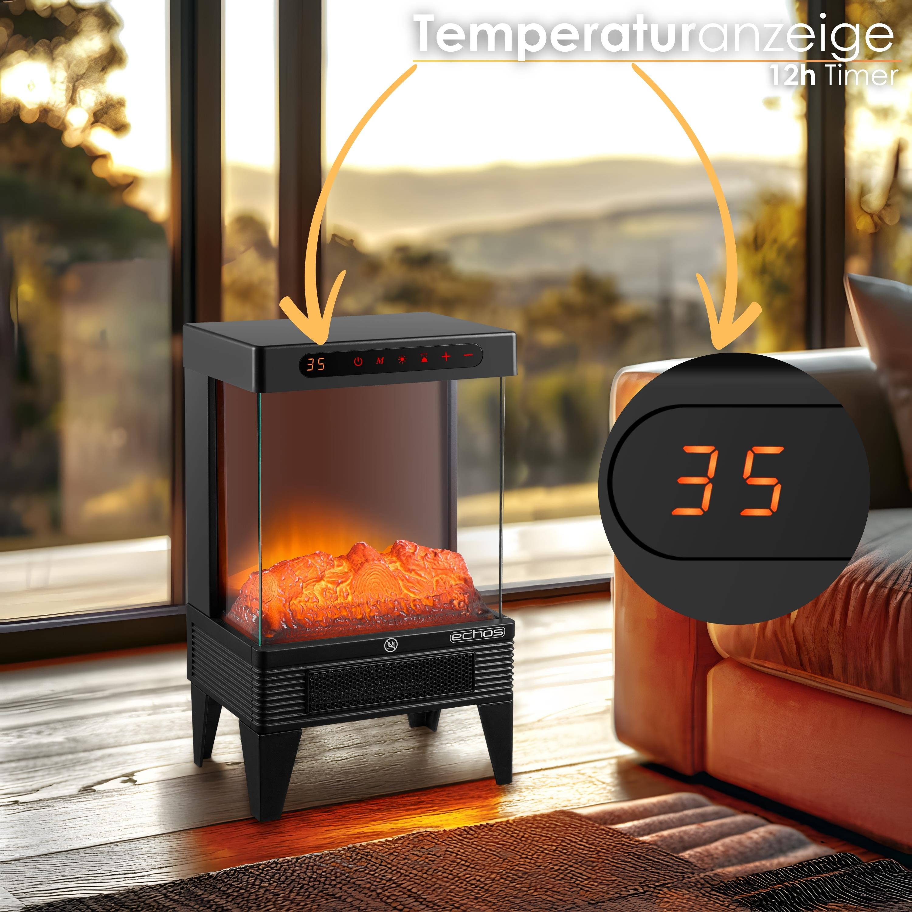 Ein elektrischer Kamin zeigt 35 Grad an. Der Hintergrund hat eine verschwommene Ansicht eines Fensters und eines Sofas.