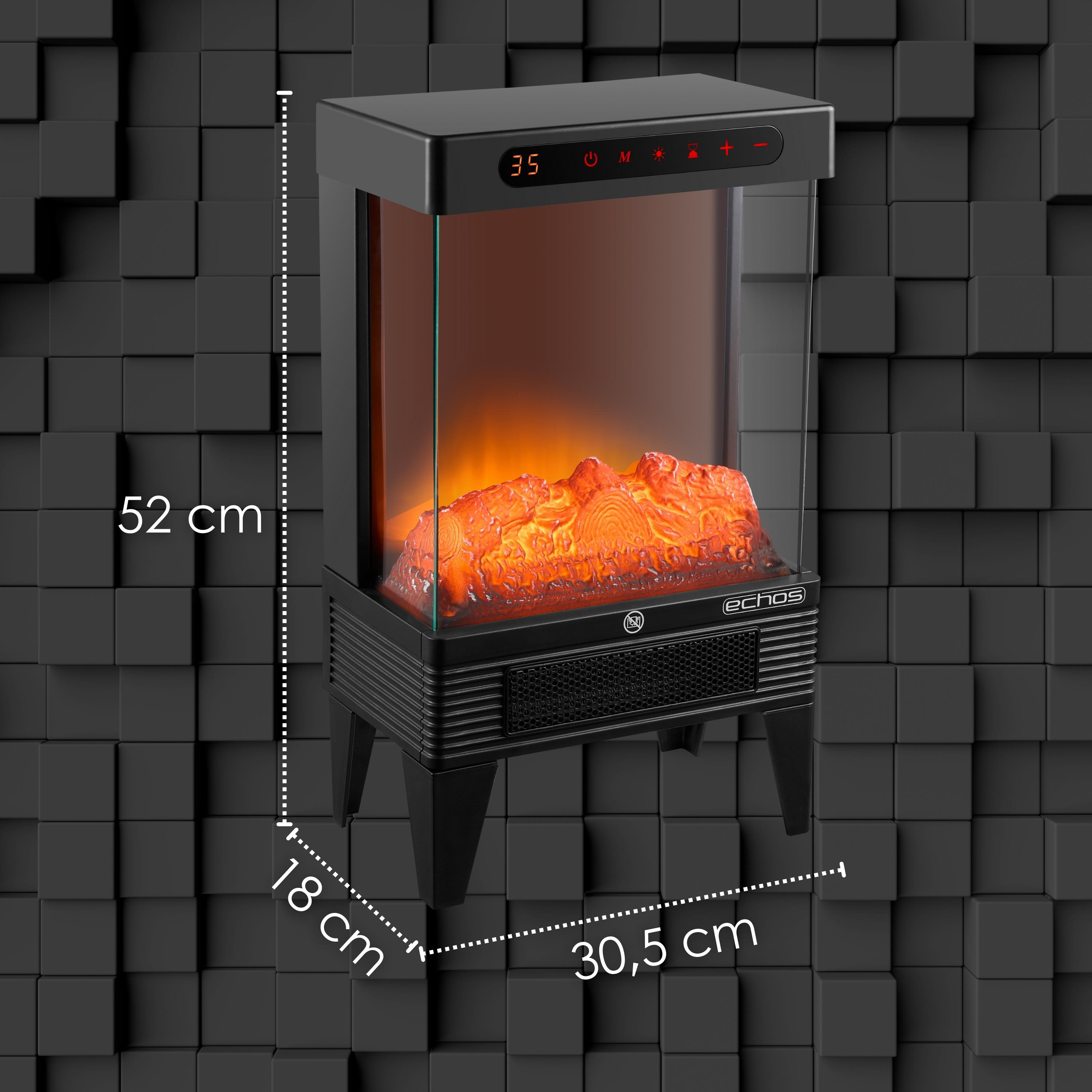 Ein schwarzer Elektro-Kamin mit orangefarbenem Flammeneffekt. Der Hintergrund ist ein dunkles Würfelmuster.