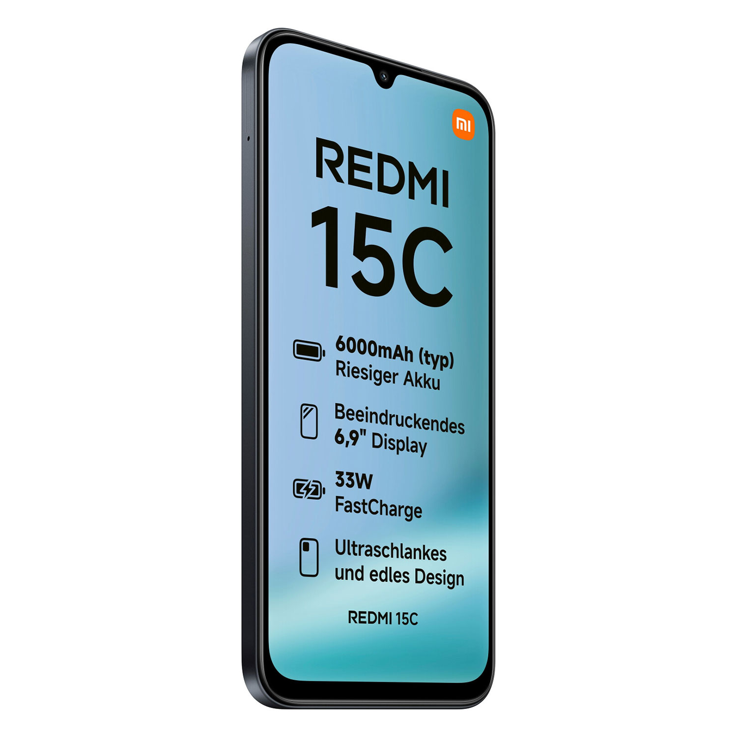 Czarny smartfon Redmi 15C z tekstem na ekranie: bateria 6000mAh, wyświetlacz 6,9", szybkie ładowanie 33W, ultracienka konstrukcja i logo Redmi.