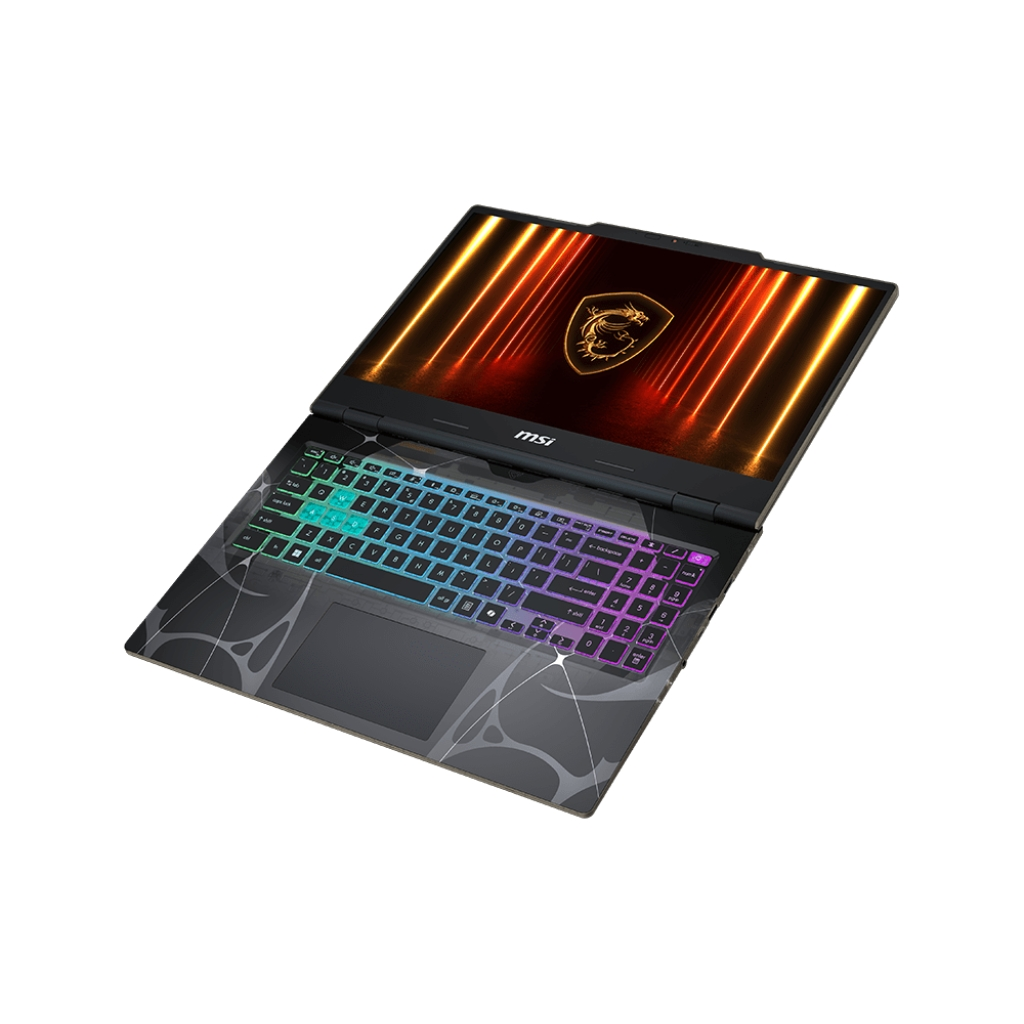 Un laptop da gaming MSI aperto. Lo schermo mostra un logo di drago dorato su uno sfondo rosso e arancione. La tastiera è retroilluminata.