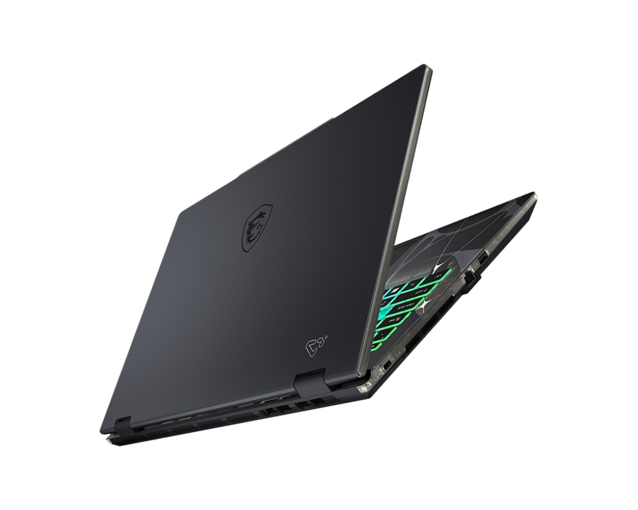 Un laptop nero è leggermente aperto, mostrando la tastiera. Il logo MSI è visibile sul retro dello schermo.