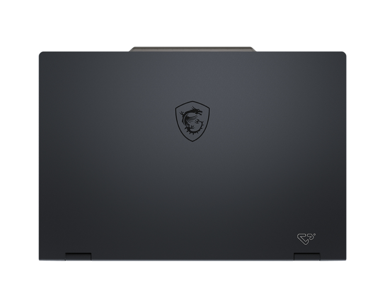 Coperchio nero del laptop con logo MSI. Il coperchio è chiuso. Lo sfondo è bianco.