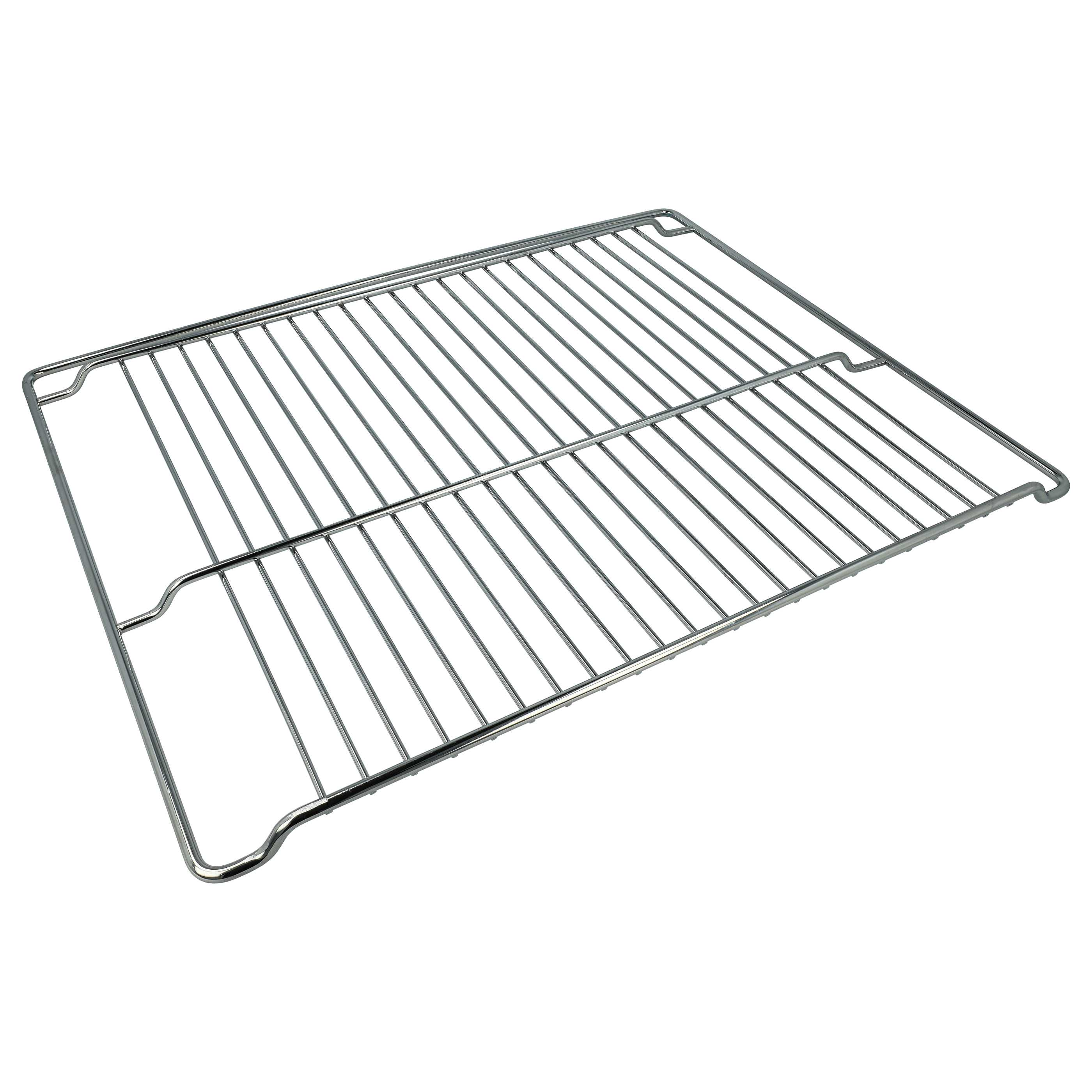 Ein Edelstahl-Ofenrost vor weißem Hintergrund. Der Rost besteht aus parallelen Metallstäben und einem Metallrahmen.