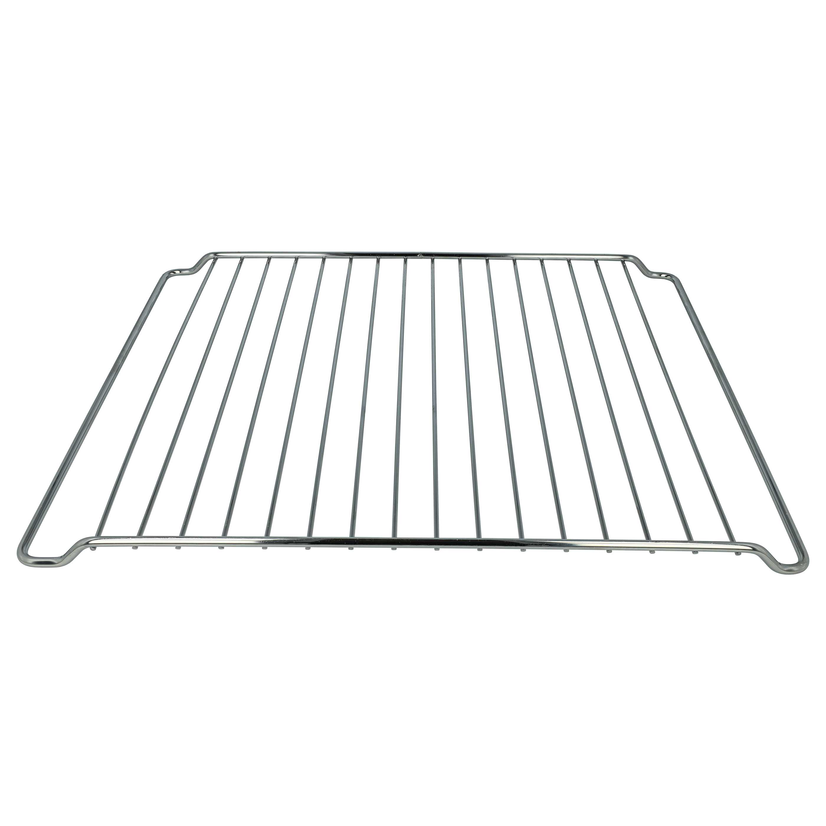 Ein Edelstahl-Ofenrost auf weißem Hintergrund. Der Rost hat eine rechteckige Form mit parallelen Stangen.