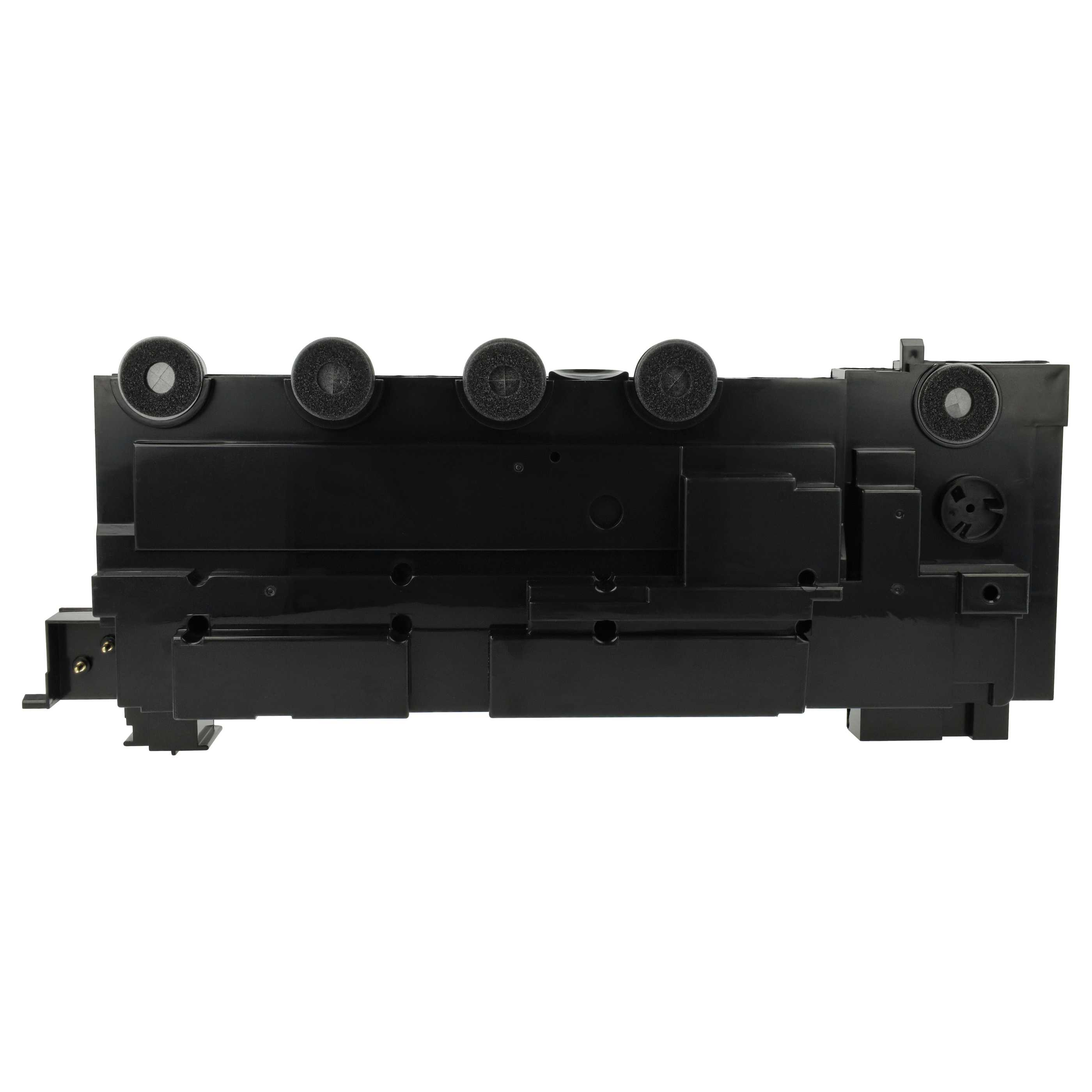Eine schwarze Druckerpatrone. Sie hat runde Pads oben und ein komplexes Design mit verschiedenen Fächern und Details.