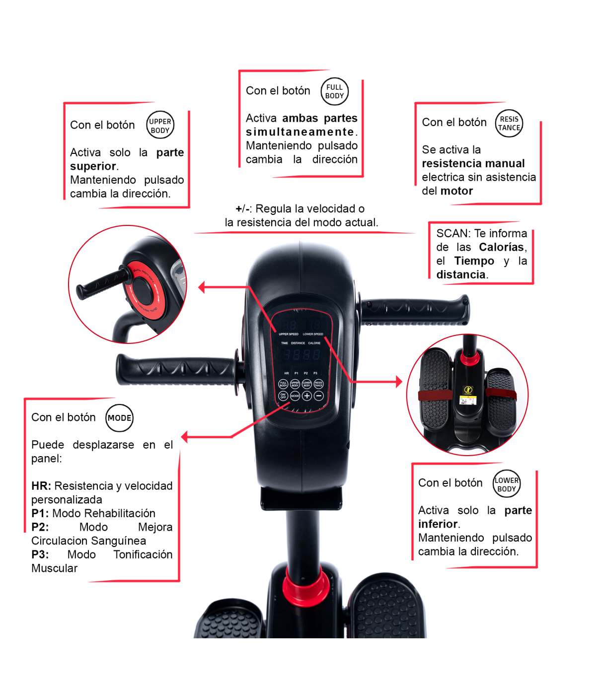 Una máquina de ejercicios con pantalla digital que muestra velocidad, tiempo y calorías, con detalles en rojo y varios botones de control.