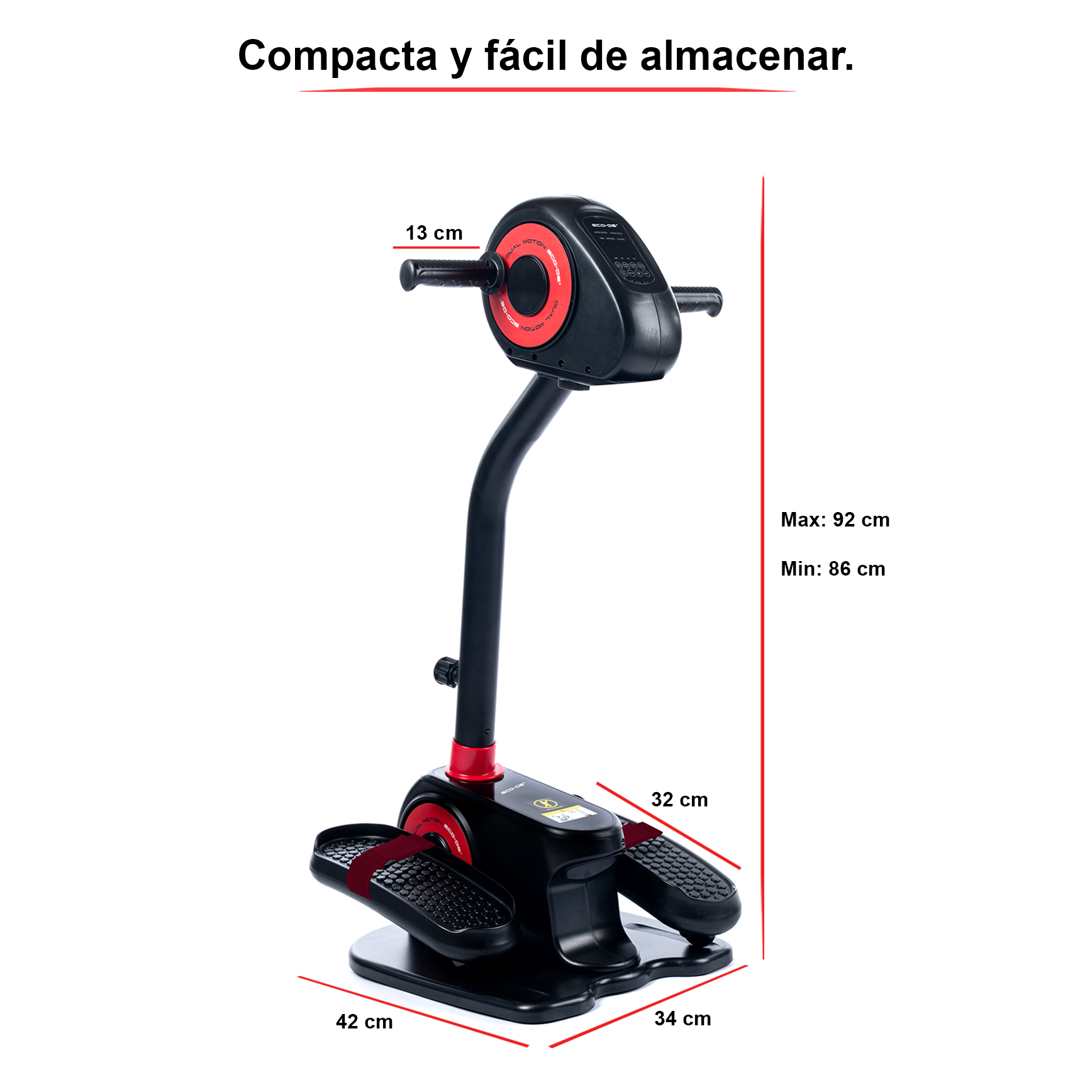 Máquina de ejercicios negra con detalles rojos. Tiene pedales y manijas. Las dimensiones están etiquetadas.