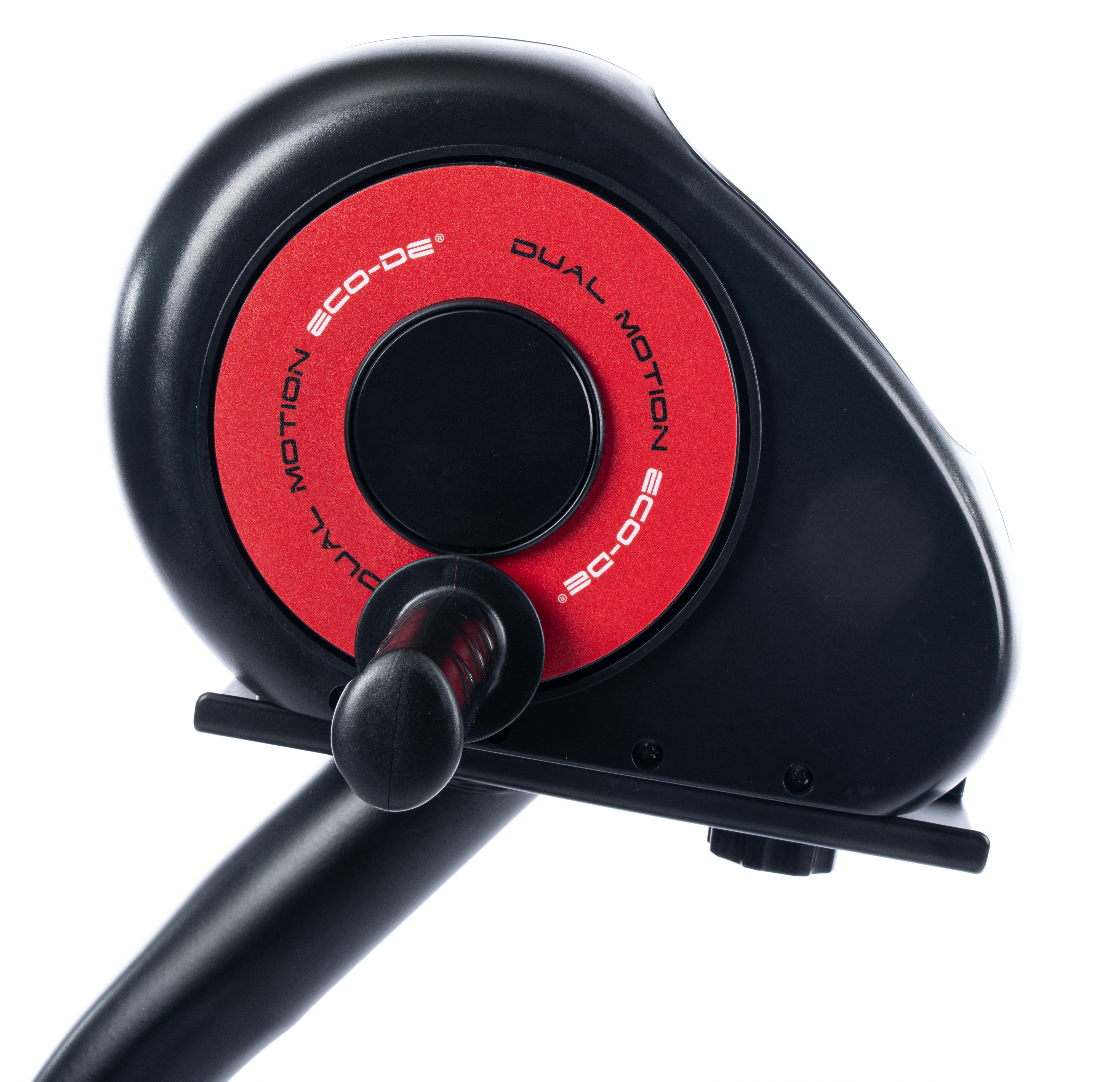 Primer plano de un componente de máquina negro y rojo con el texto 'DUAL MOTION ECO-DE' sobre un fondo blanco.