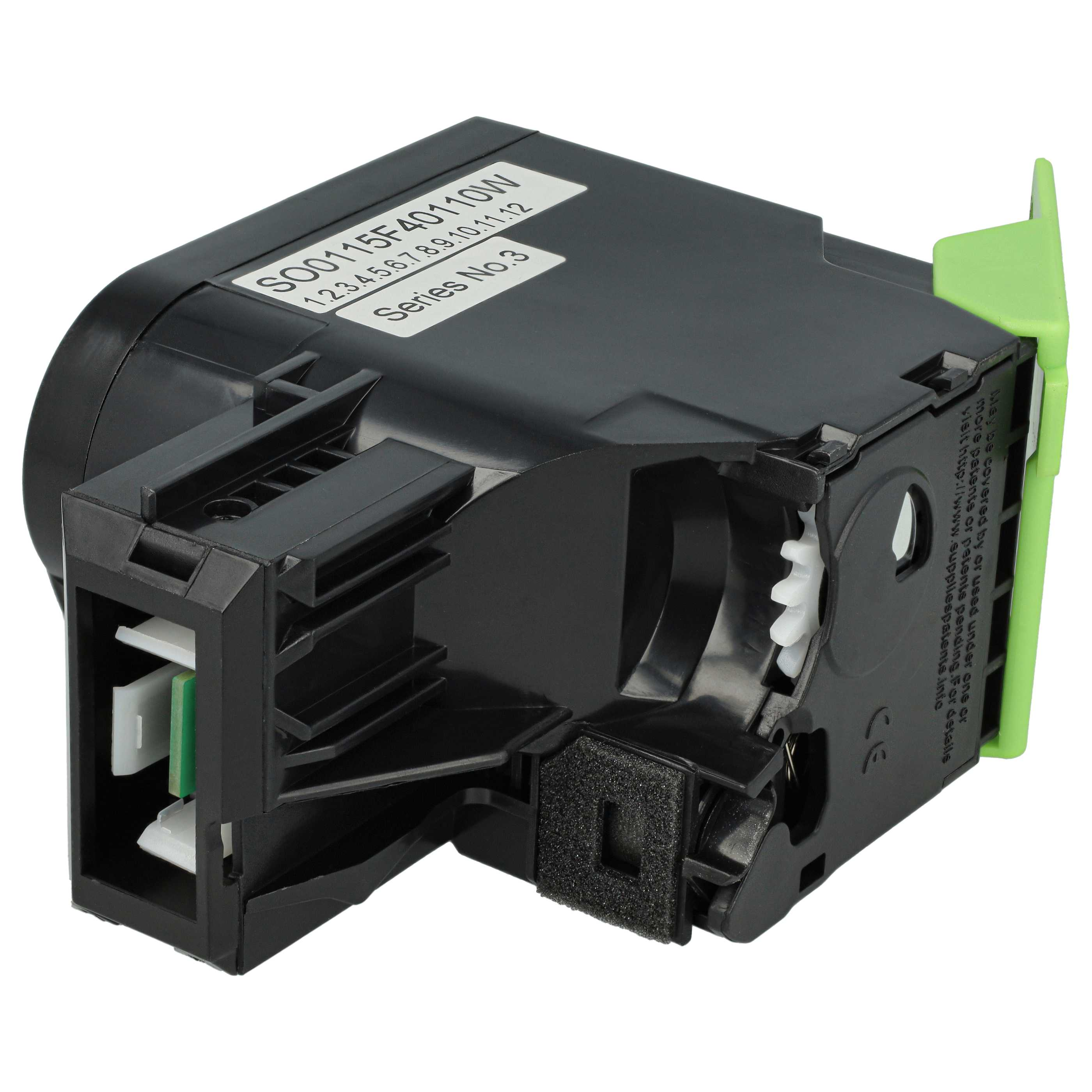 Ein schwarzes elektronisches Bauteil mit grünem Akzent. Es hat ein Etikett mit Zahlen und Text.