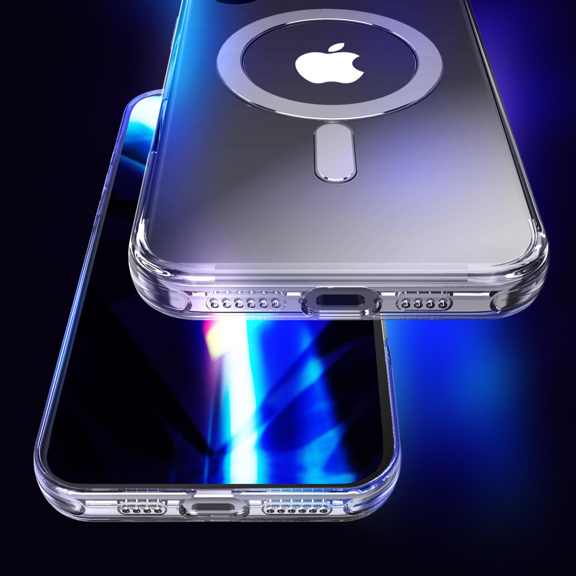 Przezroczyste etui na telefon z logo Apple. Etui jest na telefonie, z niebieskim i czarnym tłem. Etui ma magnetyczny pierścień.