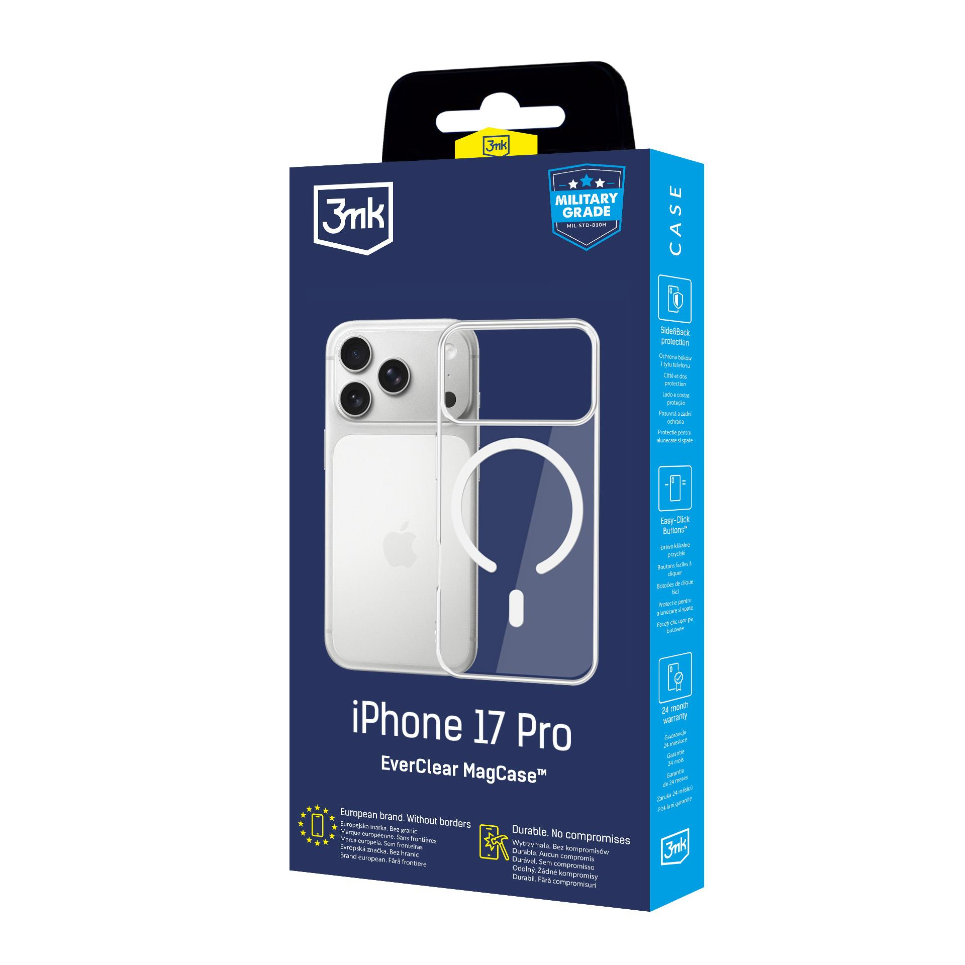 Pudełko na etui na telefon. Jest niebieskie z przezroczystym etui na telefon, pokazującym iPhone 17 Pro.