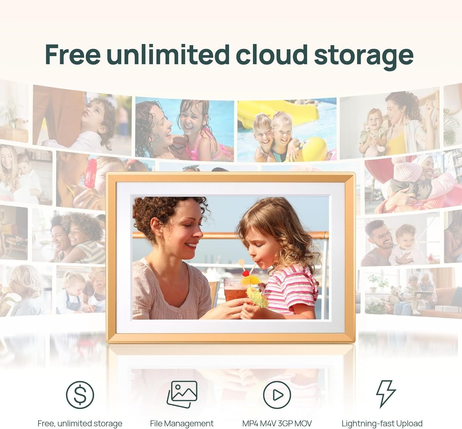 Una mujer y una niña sonríen. Un marco de fotos muestra una imagen similar. Otras fotos familiares lo rodean. Texto: 'Almacenamiento ilimitado gratuito en la nube'.