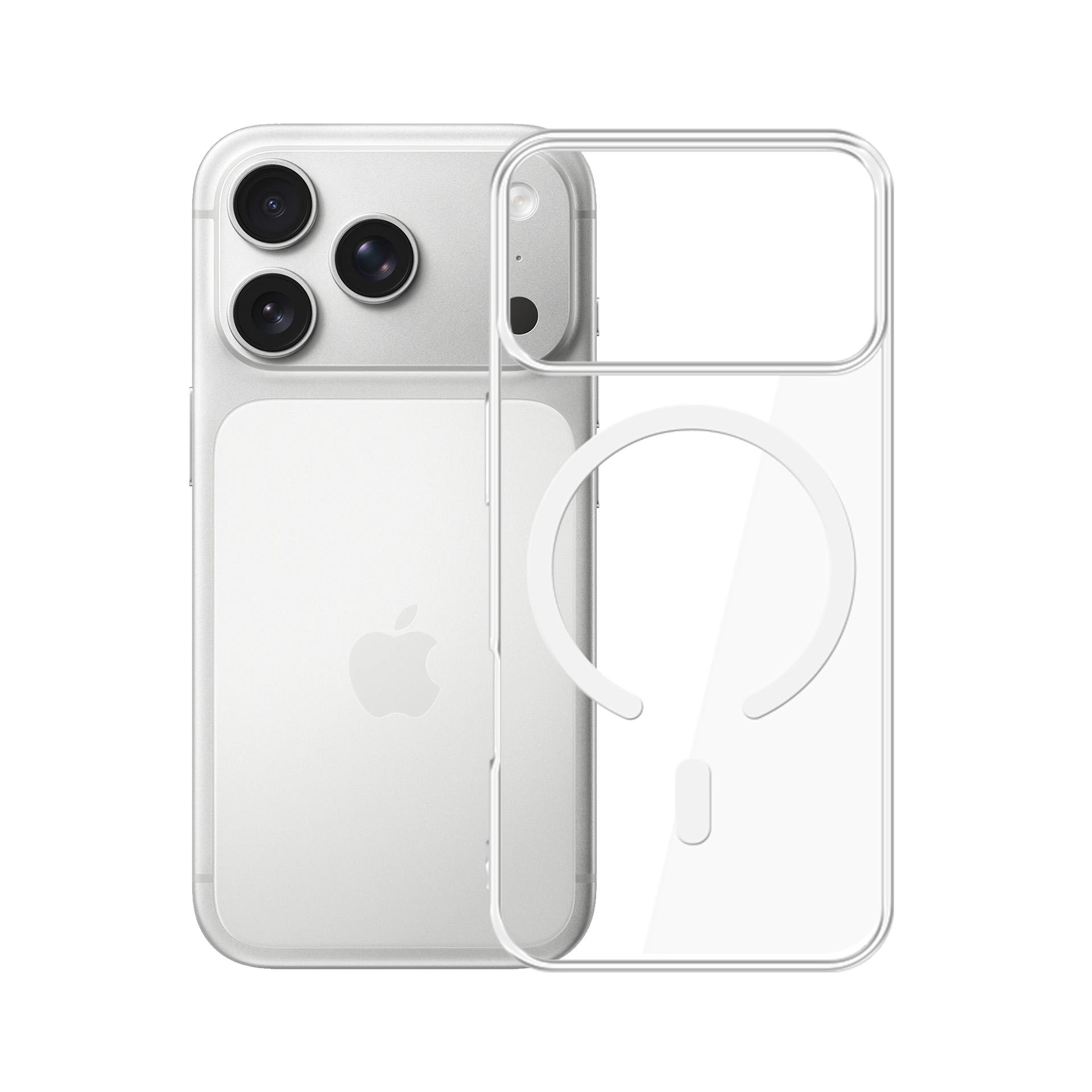 Srebrny iPhone z przezroczystym etui. Etui po prawej stronie, pokazujące pierścień magnetyczny i ochronną ramkę.