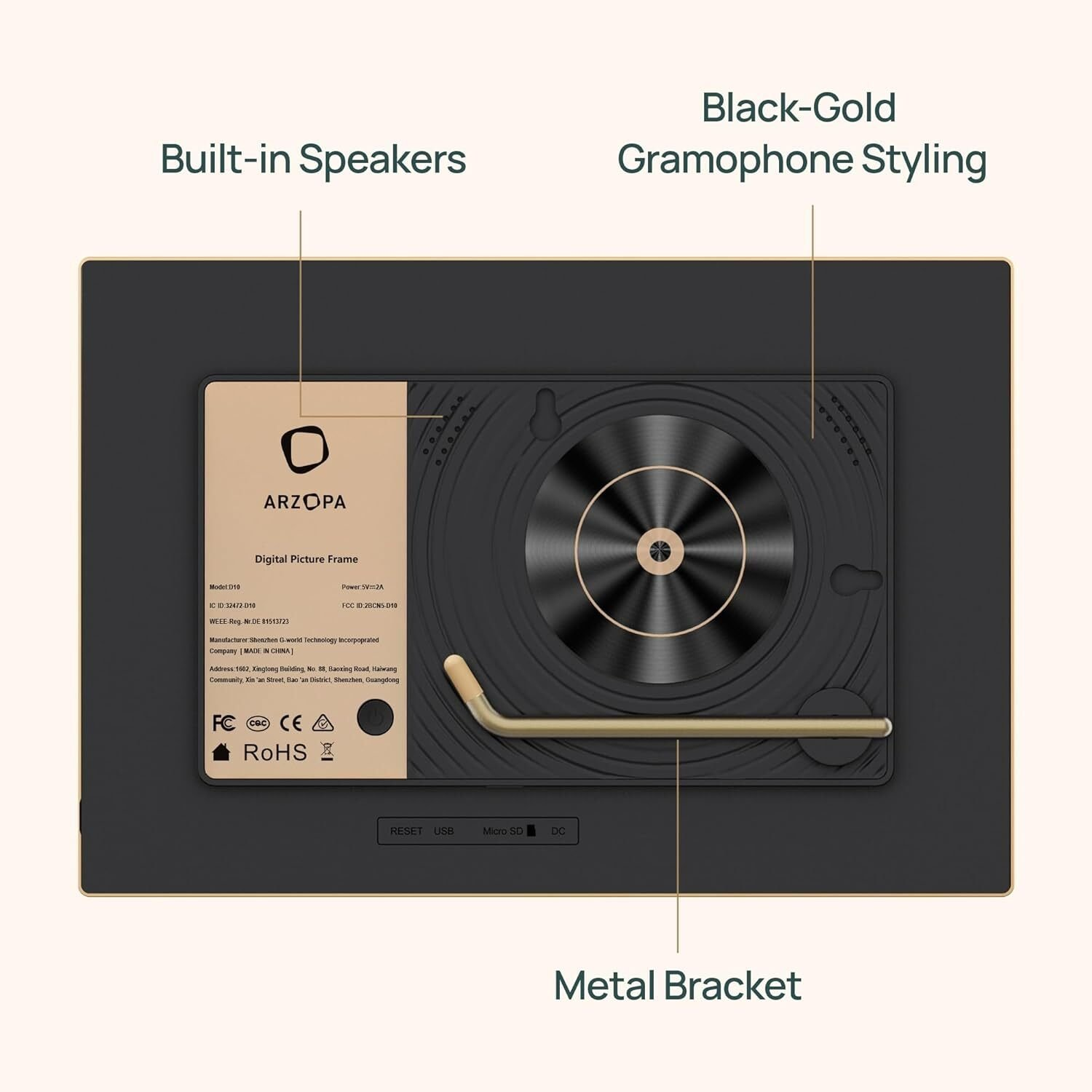 Un marco de fotos digital negro con altavoces incorporados y un diseño de gramófono negro y dorado, con un soporte de metal.