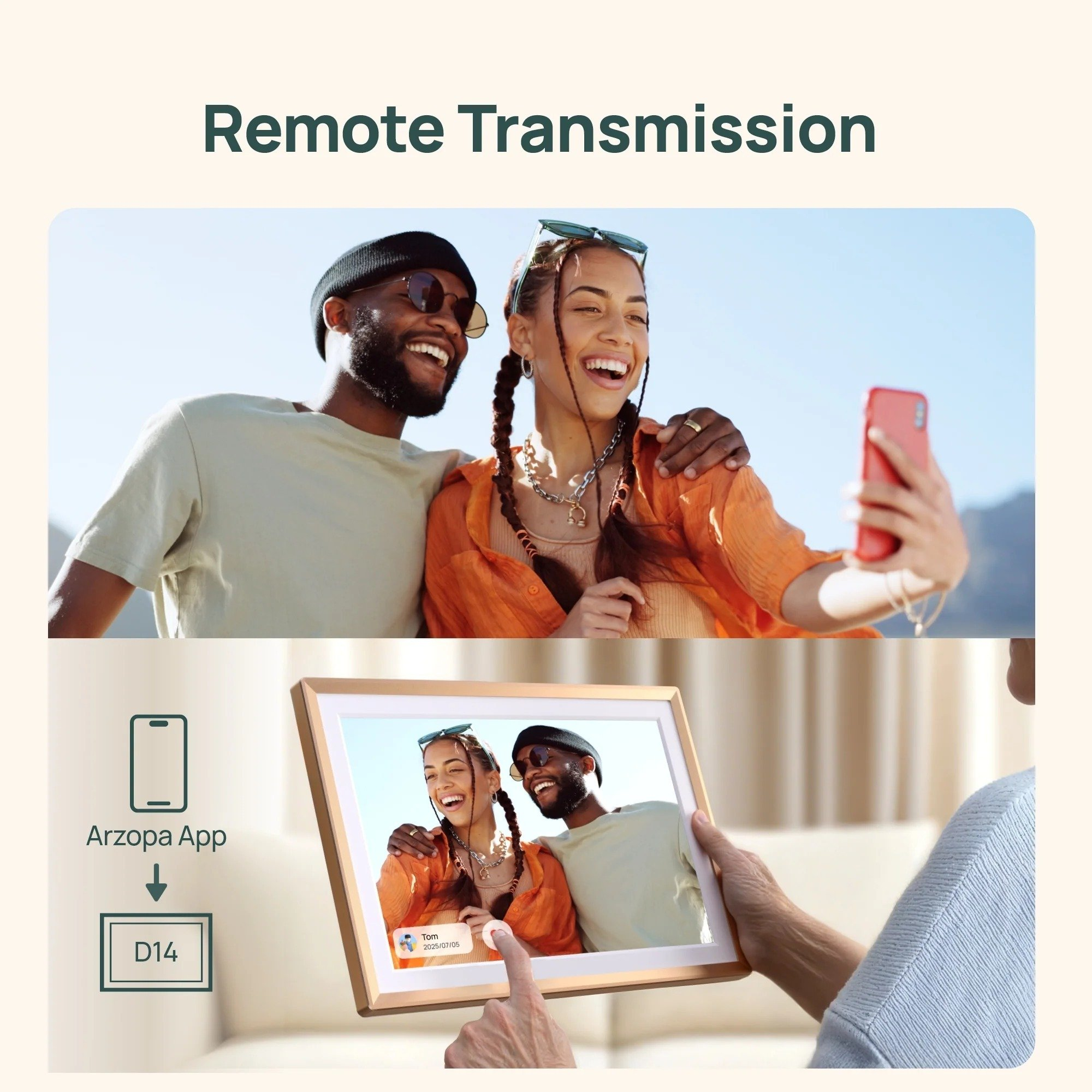 La imagen muestra a una pareja haciéndose un selfie. Un marco inteligente muestra la foto, con un dedo tocándola.