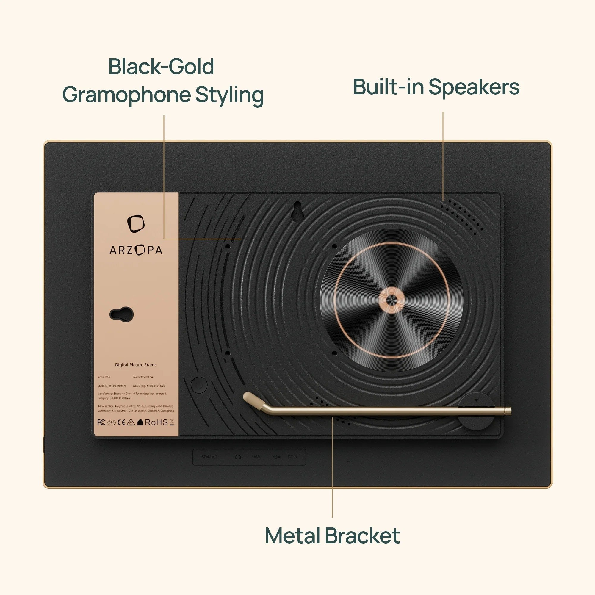 Marco digital negro y dorado con estilo gramófono, altavoces integrados y un soporte de metal.