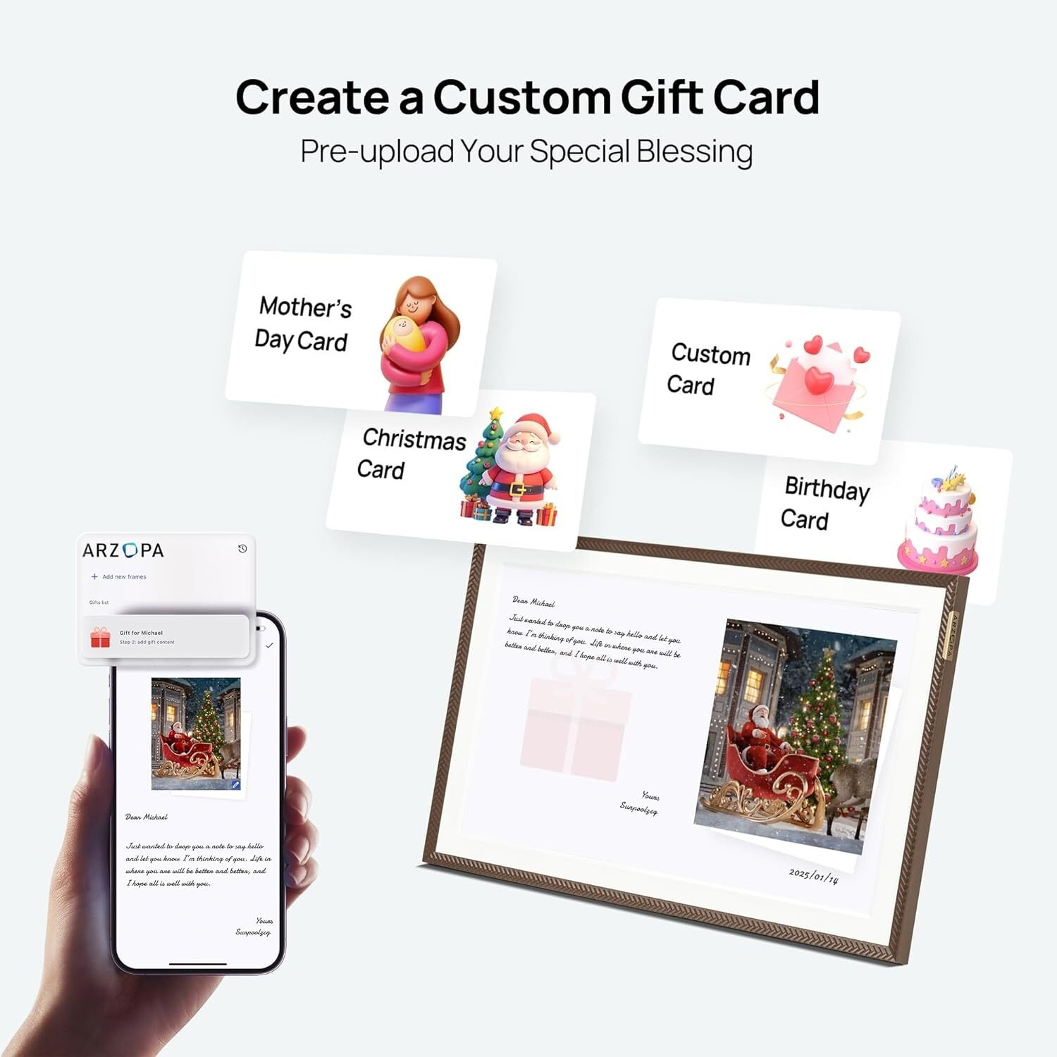 La imagen muestra una interfaz de creación de tarjetas de regalo personalizadas con tarjetas de muestra y un teléfono que muestra una escena navideña.