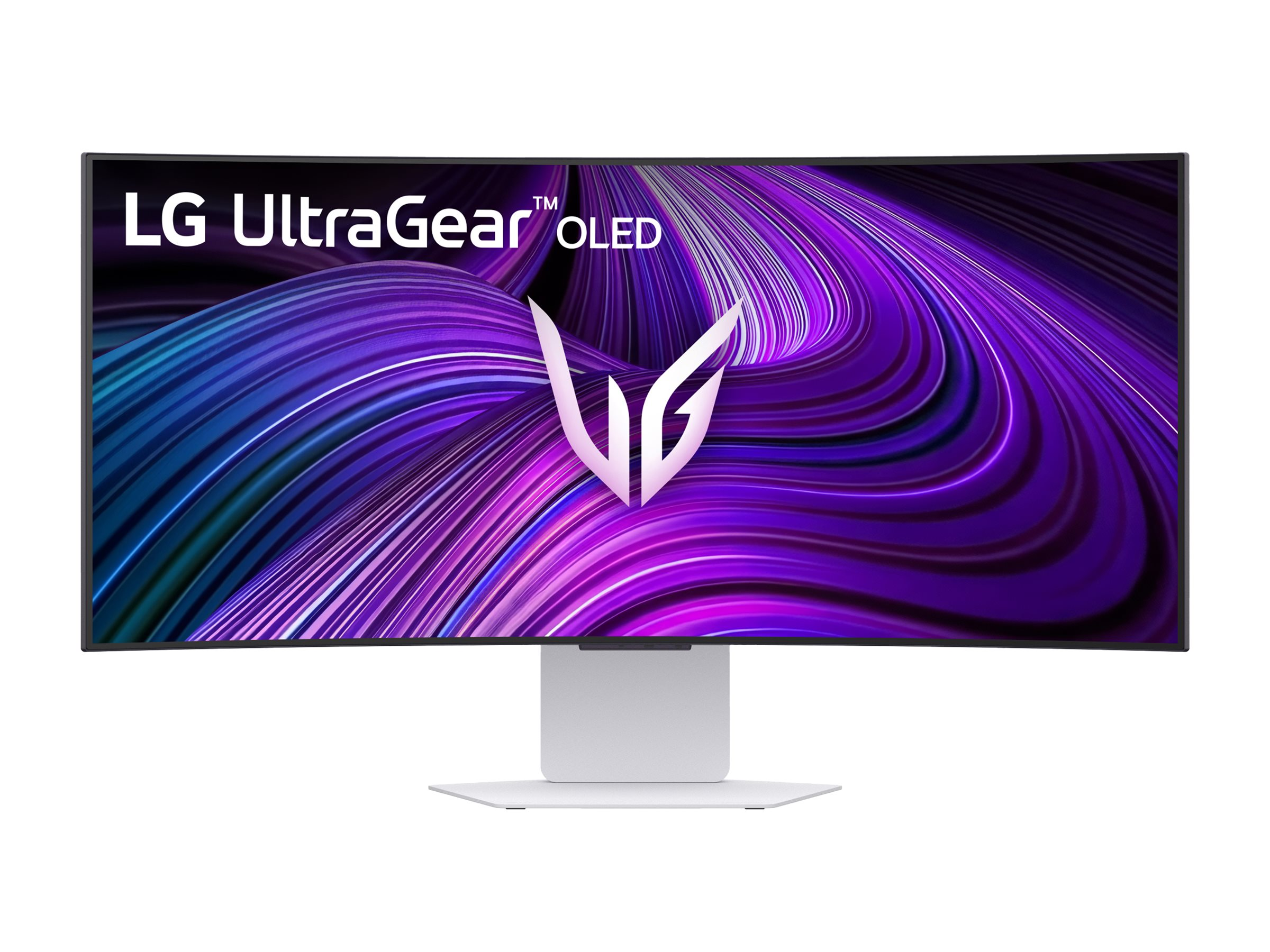Zakrzywiony monitor LG UltraGear OLED. Posiada fioletowo-niebieski wzór, białą podstawę i logo LG.