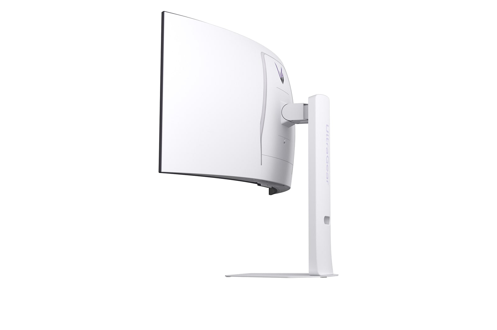 Biały zakrzywiony monitor ze stojakiem. Widoczny bok ekranu oraz logo 'UltraGear' na stojaku. Izolowany na białym tle.