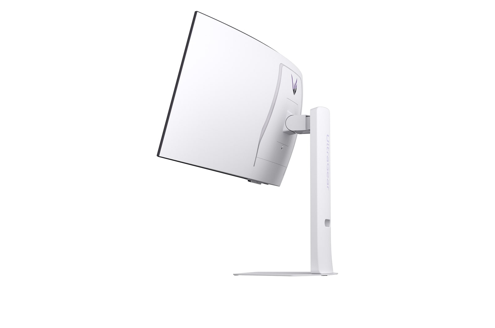 Biały zakrzywiony monitor komputerowy. Monitor ma czarną ramkę, podstawę i słowo 'UltraGear' na podstawie.