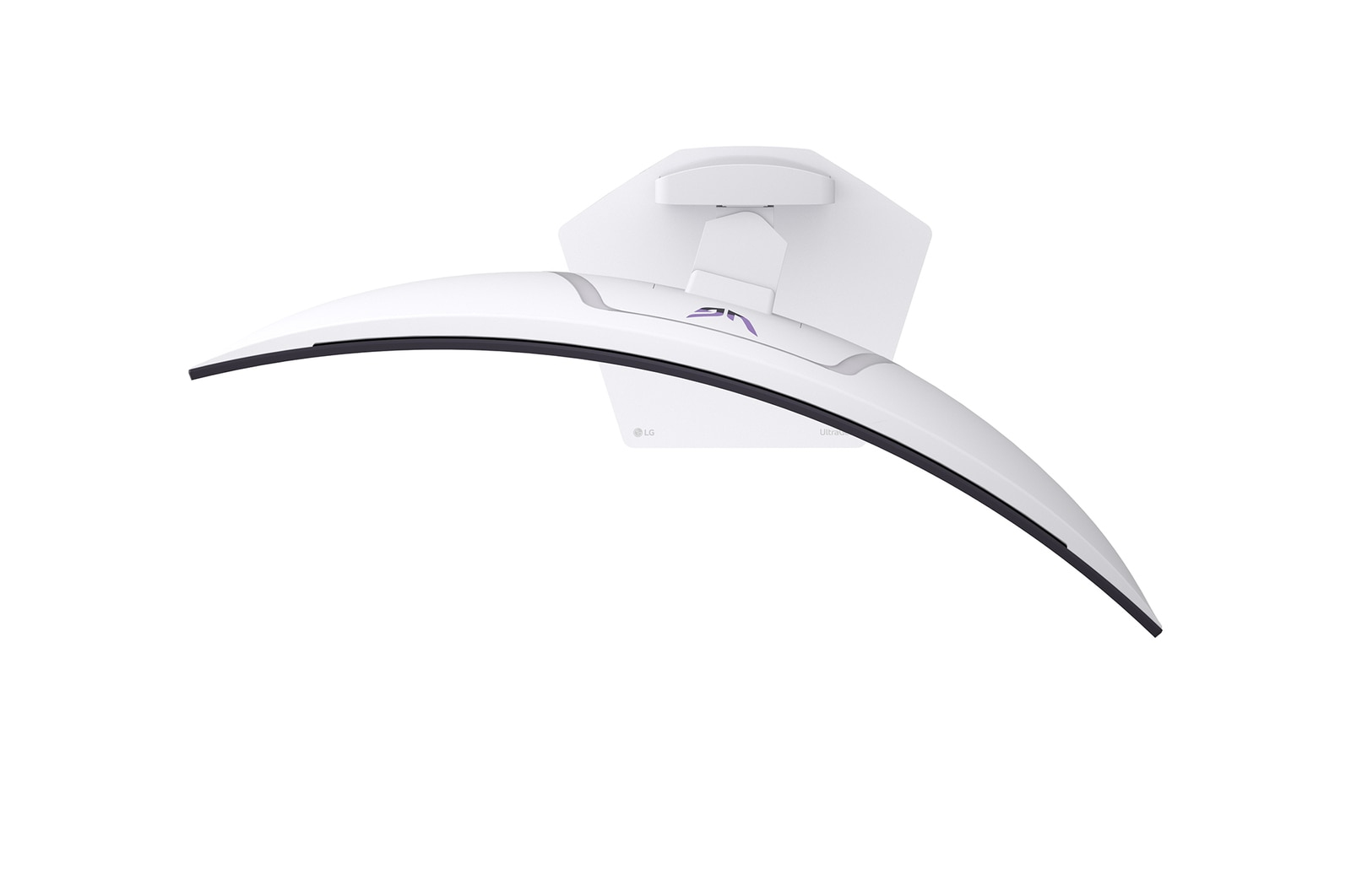 Biały zakrzywiony monitor komputerowy z czarną ramką, zamontowany na białym stojaku, na białym tle.