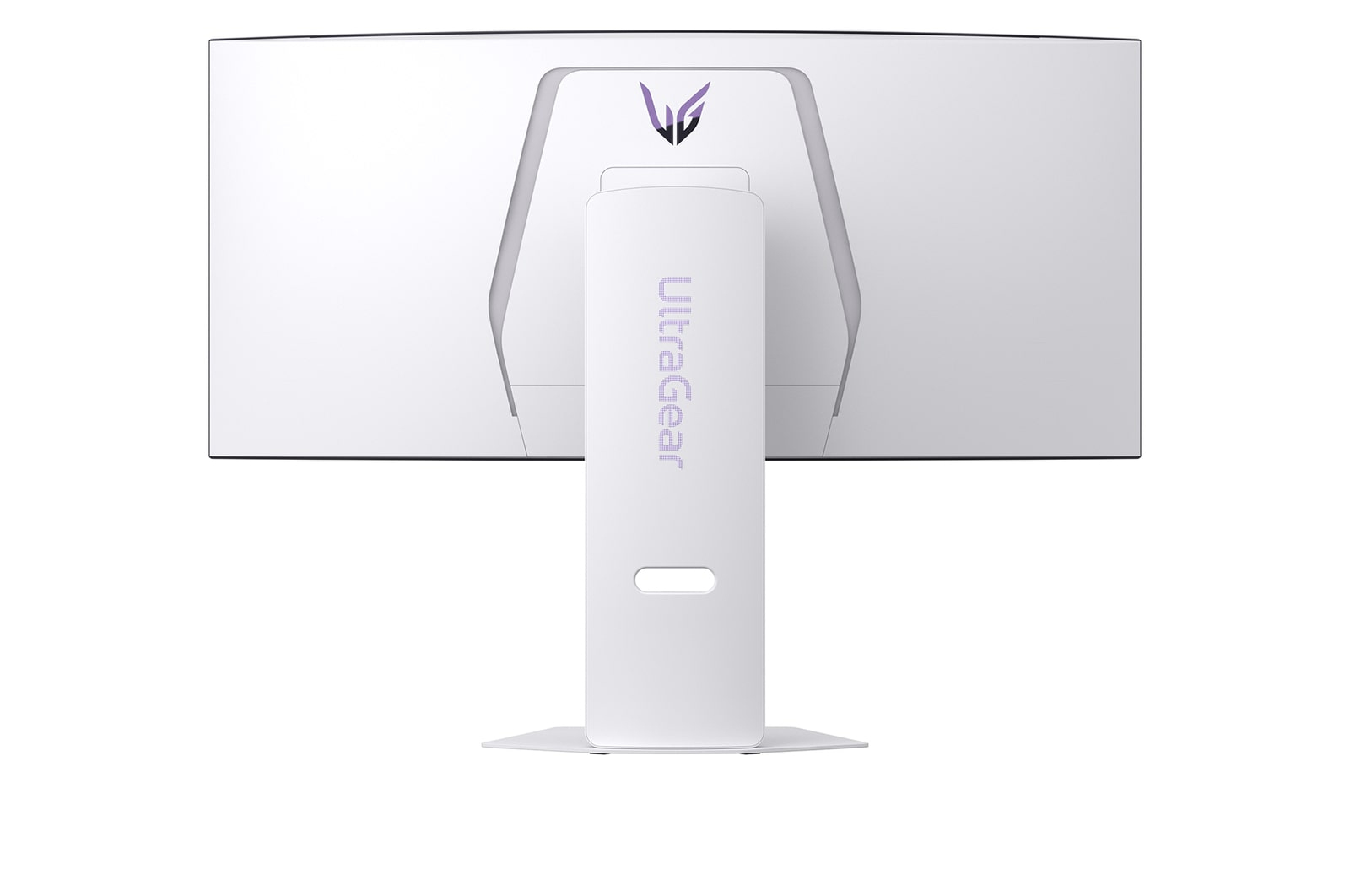 Widok z tyłu białego monitora LG UltraGear. Ma podstawę i logo. Tekst UltraGear jest napisany pionowo na podstawie.