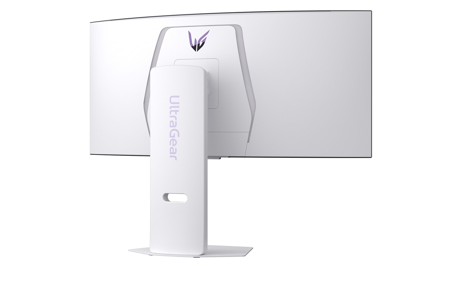 Rückansicht eines weißen, gebogenen Monitors. Der Ständer trägt die Aufschrift 'UltraGear'. Das LG-Logo befindet sich oben. Weißer Hintergrund.