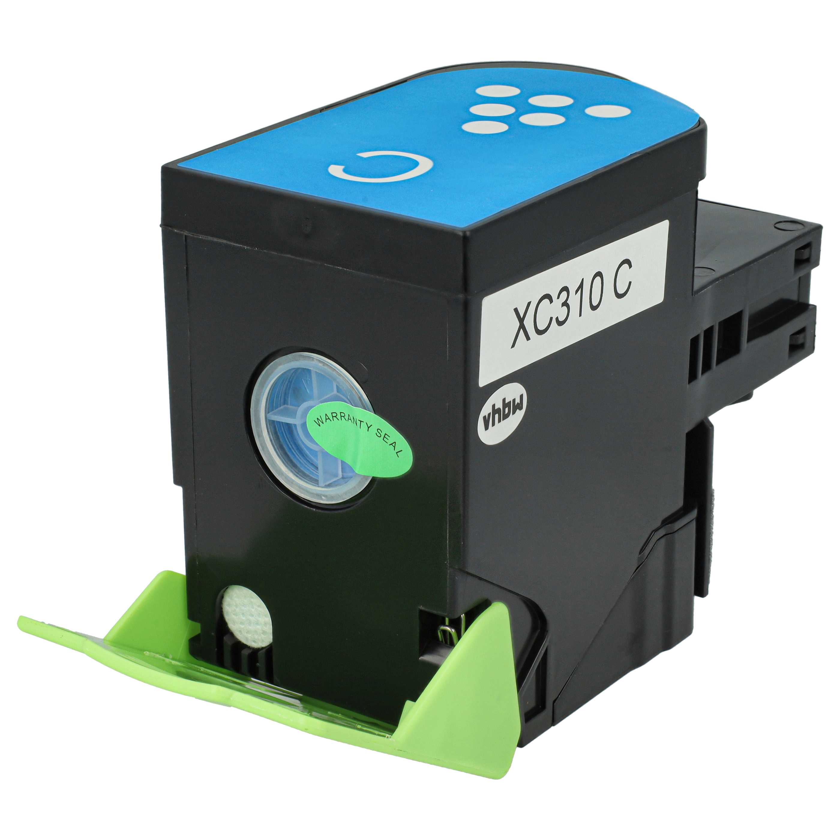 Eine schwarze und cyanfarbene Tintenpatrone mit grünen Teilen. Der Text lautet 'XC310 C' und 'warranty seal'.