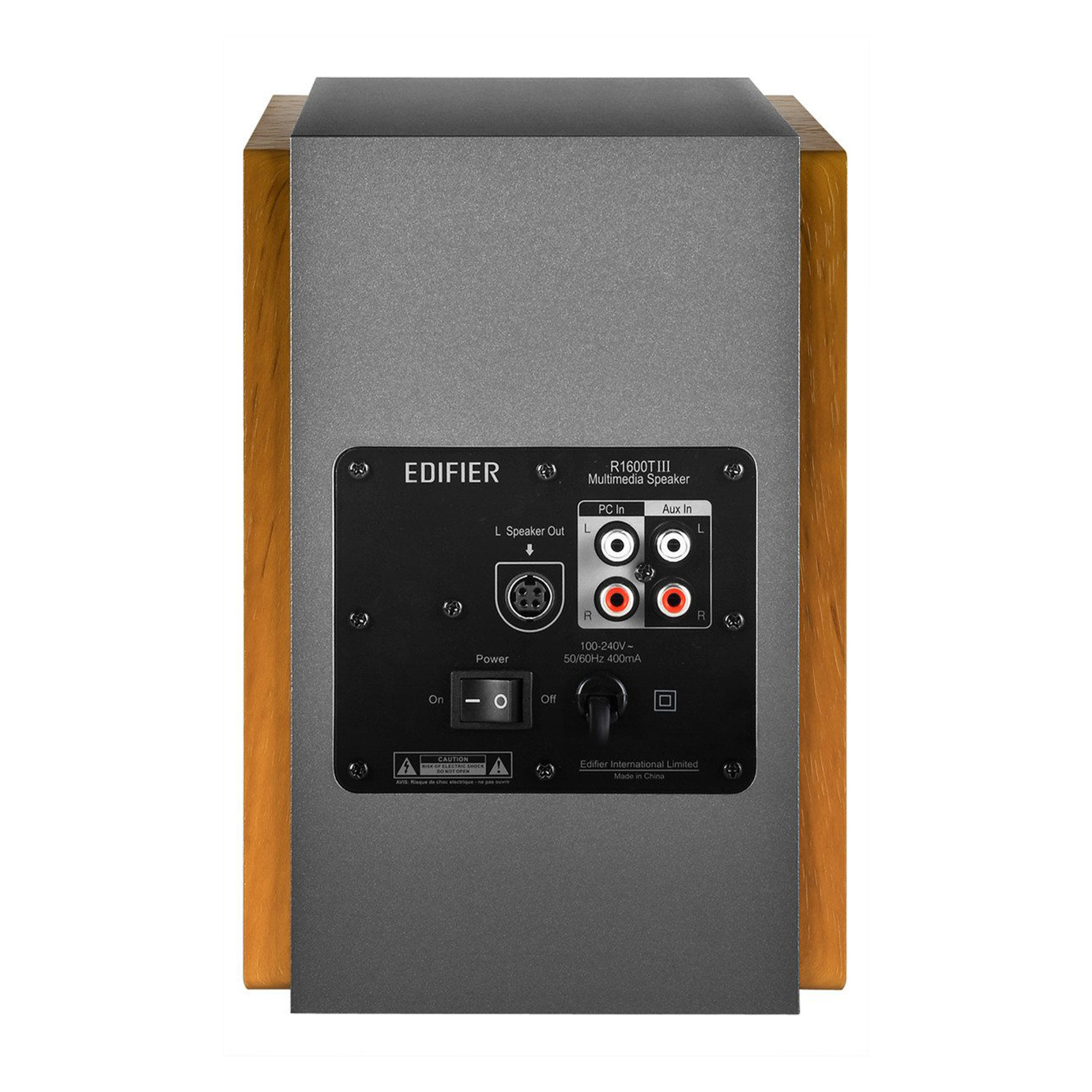 Widok z tyłu głośnika z drewnianymi bokami. Posiada porty, włącznik i markę EDIFIER.