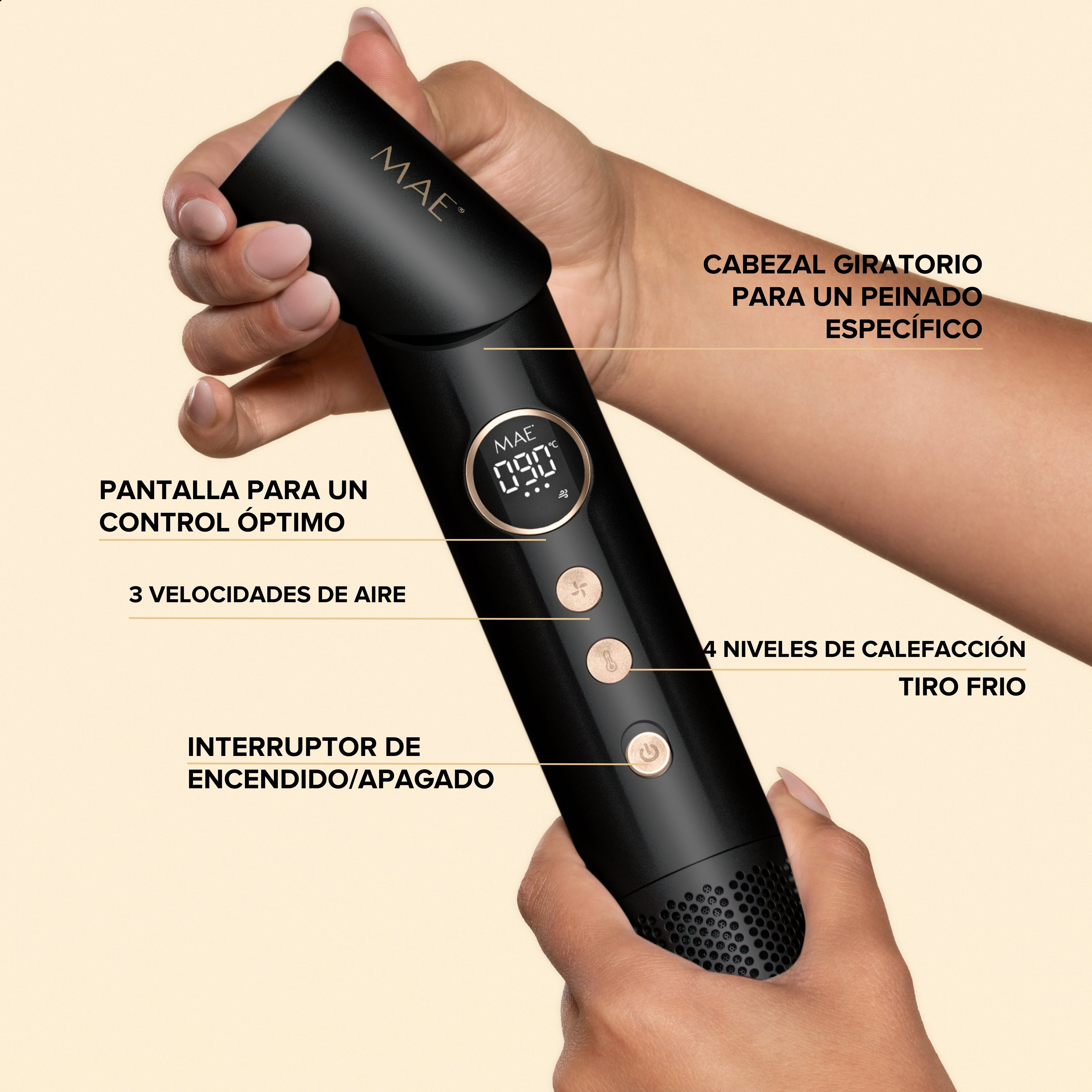 A black hair styling tool is held by a person. It has a digital screen and buttons. Text labels are visible.