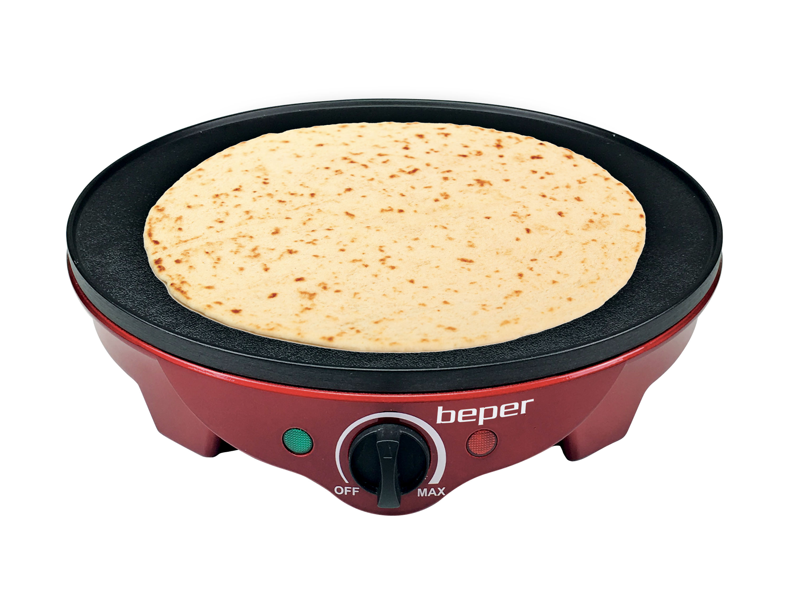 Ein roter Crêpes-Maker mit einem Crêpe darauf. Er hat eine schwarze Kochfläche und einen Bedienknopf.