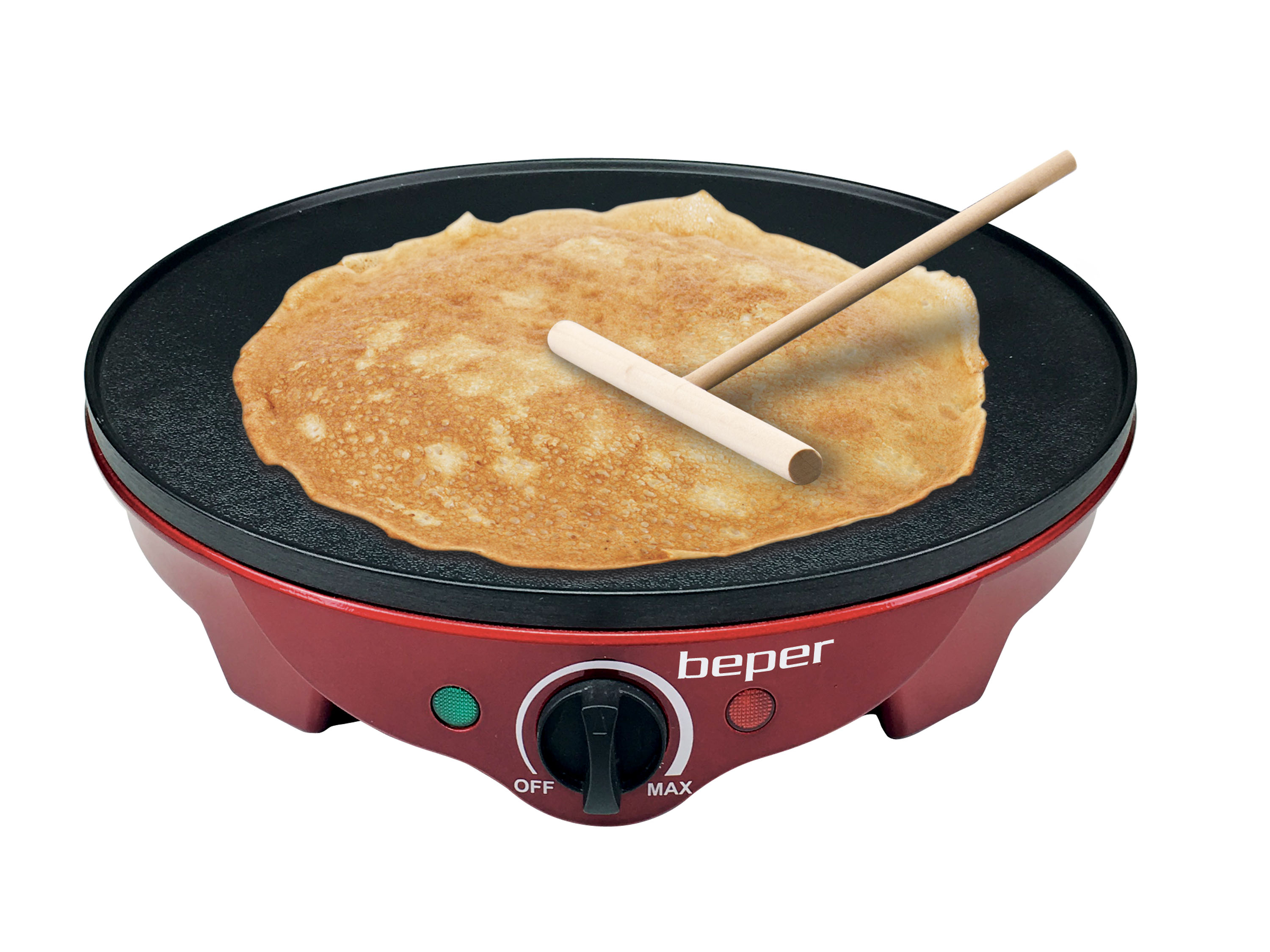 Ein roter Crêpes-Maker mit einem Crêpe darauf und einem Holzspatel.