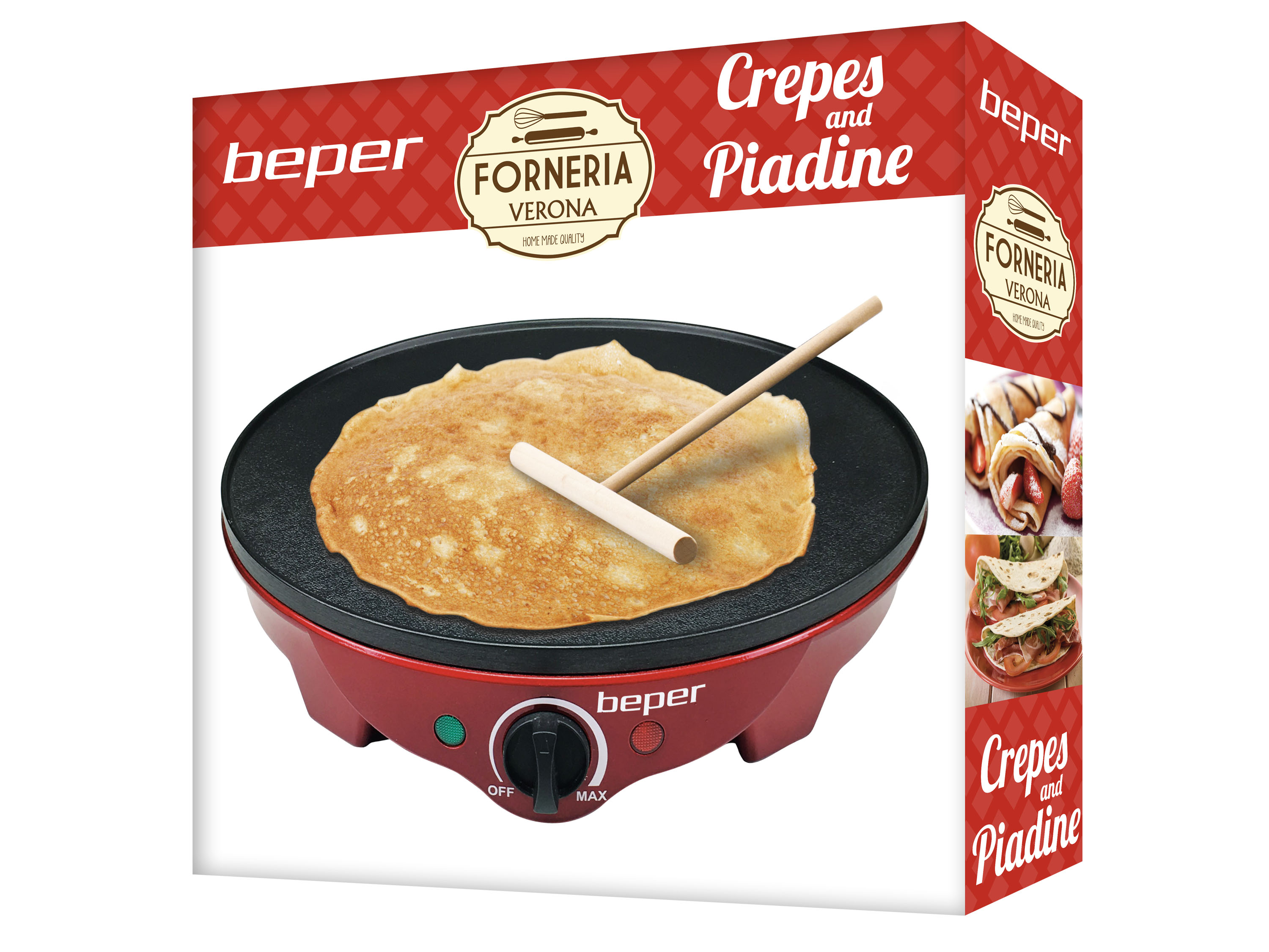Ein roter Crêpes-Maker mit einem Crêpe darauf und einem Holzwerkzeug. Auf der Box steht 'Crepes and Piadine'.