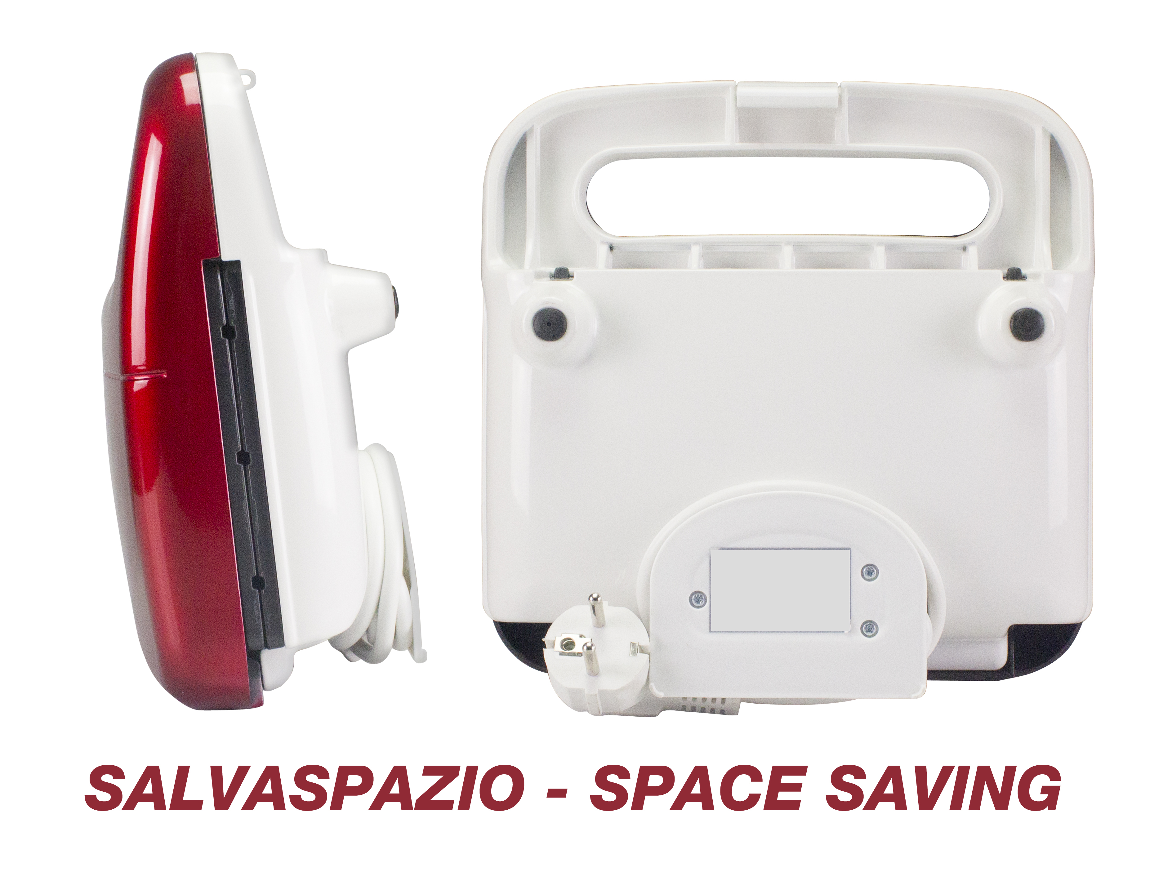 Ein weiß-roter Sandwichmaker, zwei Ansichten, mit Griff und Stecker. Text: 'SALVASPAZIO - SPACE SAVING'.