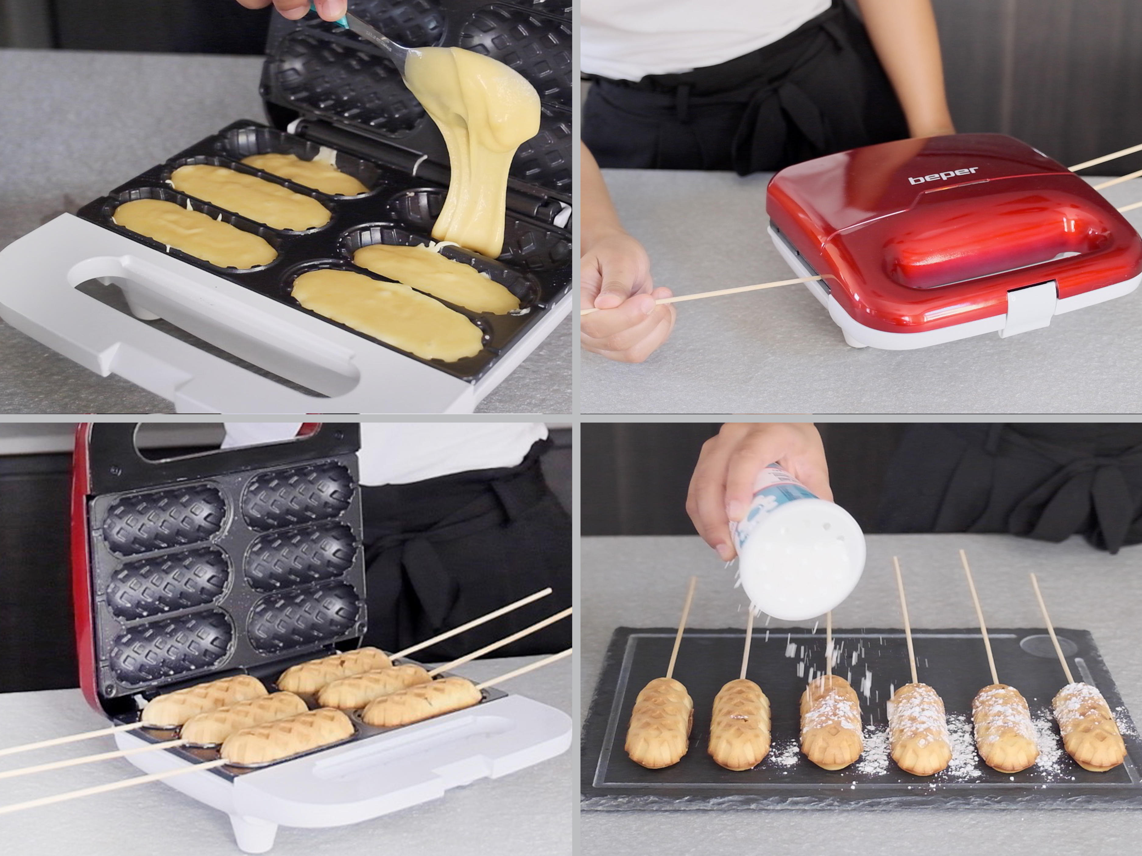 Eine Person backt Waffeln mit einem roten Waffeleisen. Teig wird in den Maker gegossen, und fertige Waffeln werden mit Puder bestreut.