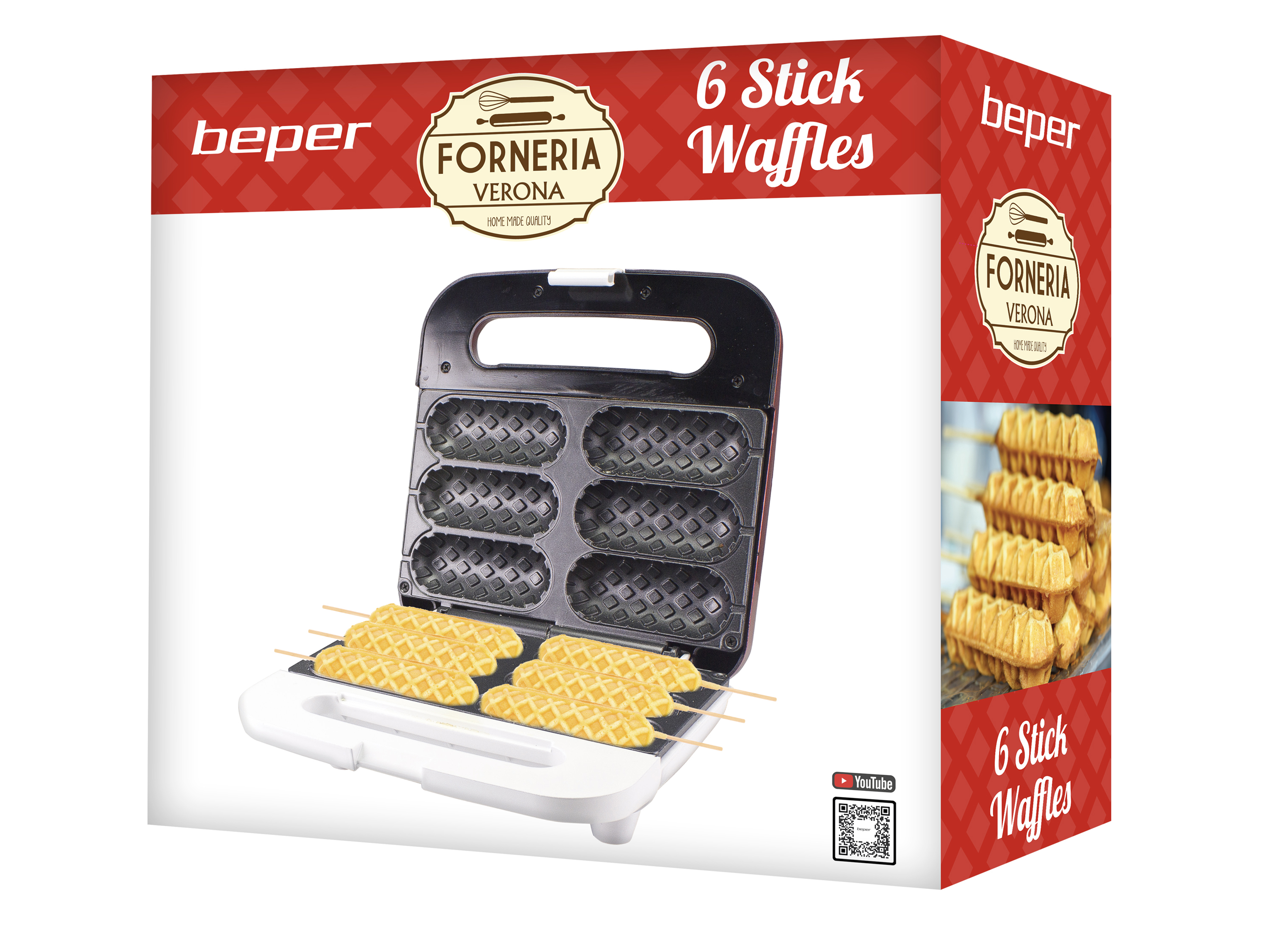 Eine Waffeleisenbox. Sie zeigt die Maschine und Stäbchenwaffeln. Auf der Box steht '6 Stick Waffles' und 'Forneria Verona'.