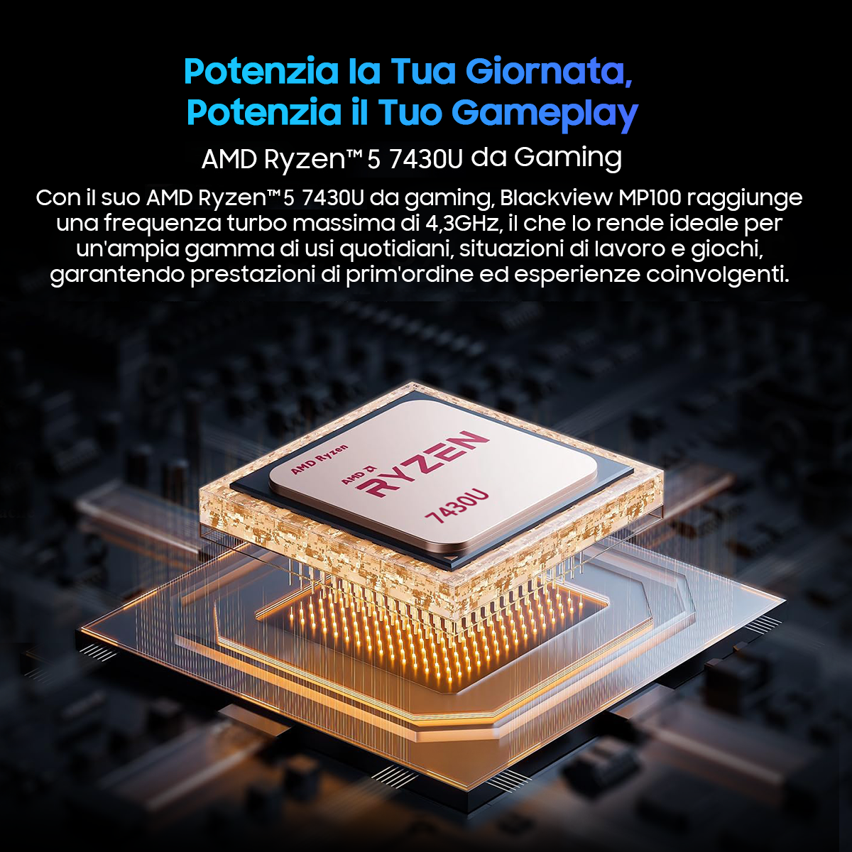 Un chip del processore con il logo AMD Ryzen è visualizzato su una superficie trasparente con luci brillanti sullo sfondo.