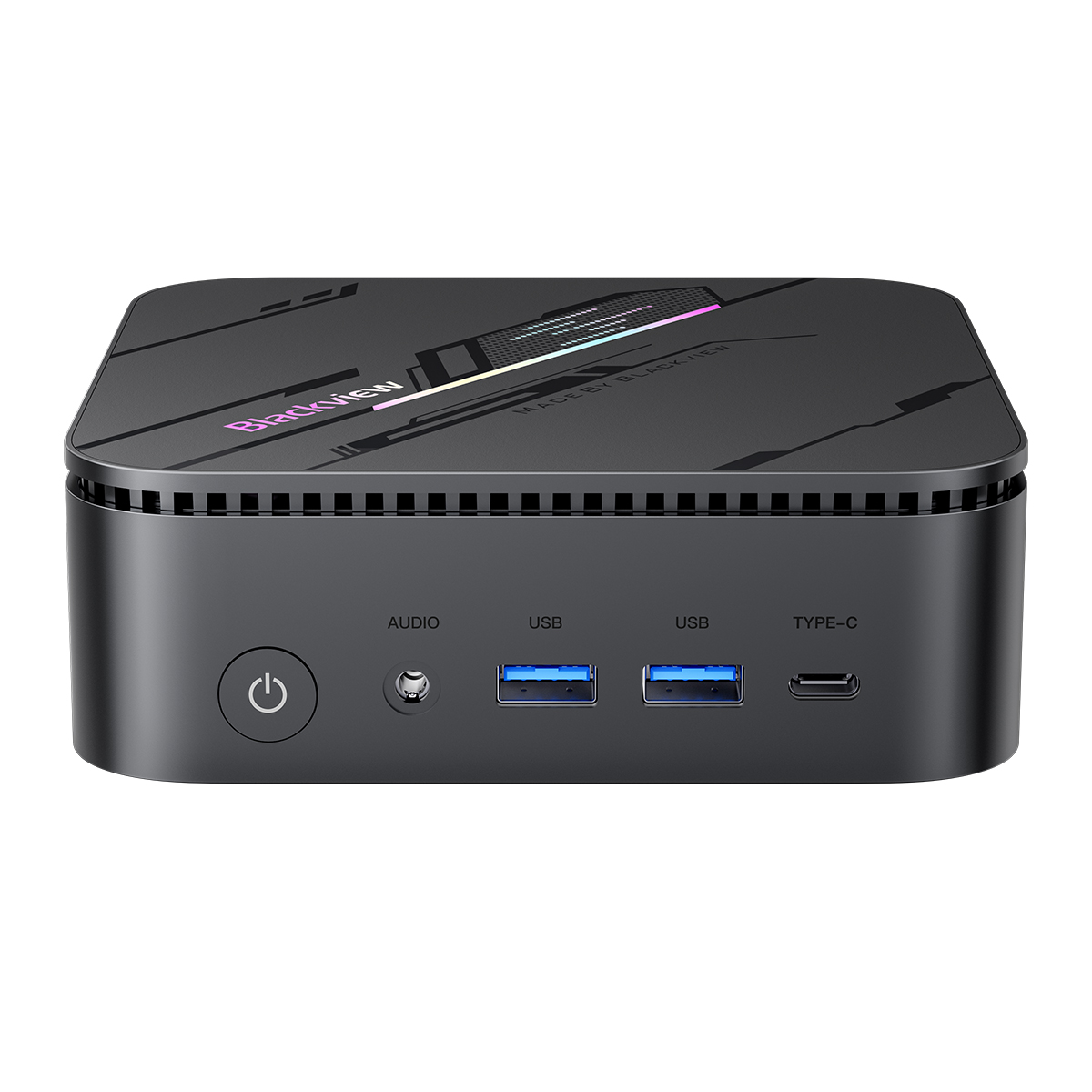 Blackview mini PC. Dark gray with ports for audio, USB, and Type-C. Power button on the left. Black top with logo and design.
