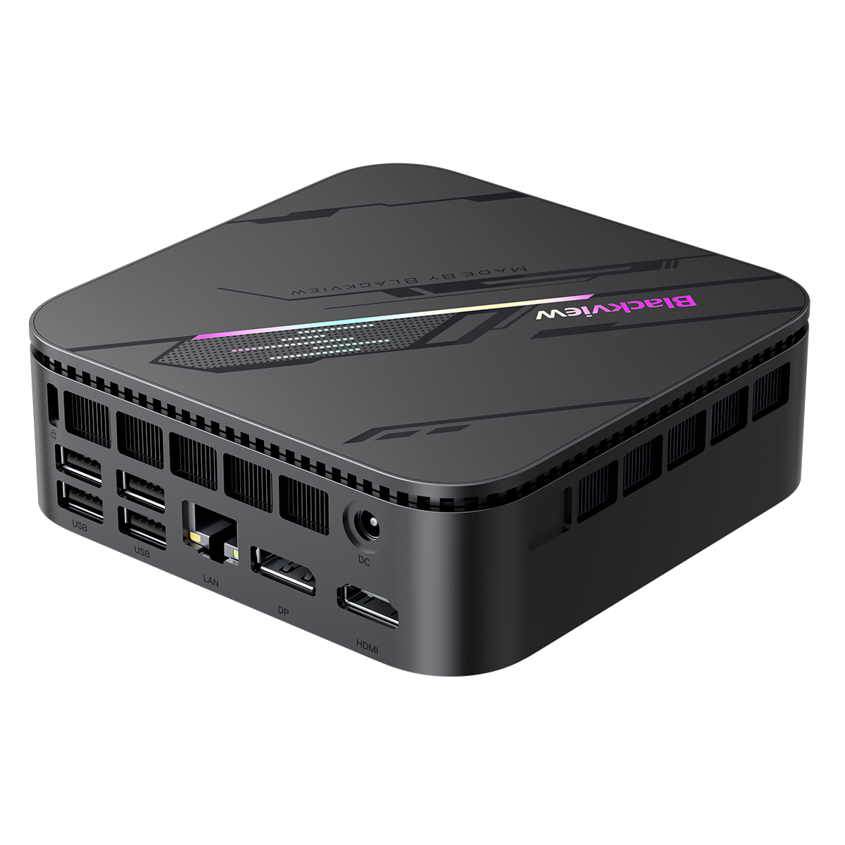 Blackview mini PC. Black, square-shaped device with multiple ports. The top surface has text and a logo. It sits on a white background.