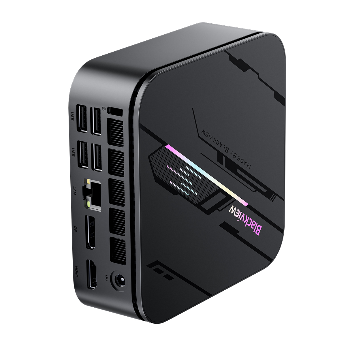 Blackview mini PC. Black case with ports: USB, LAN, DP, HDMI, and DC. Blackview logo and design elements on the side.