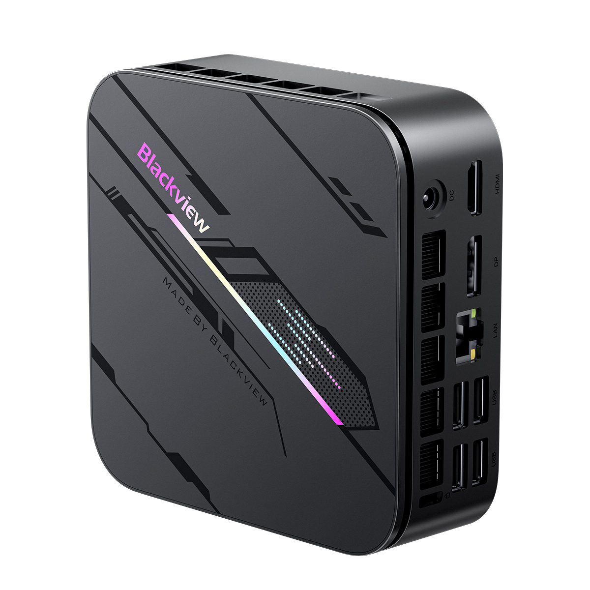 Blackview mini PC. Black box with ports on the side. The top has vents. The front has the Blackview logo and design.