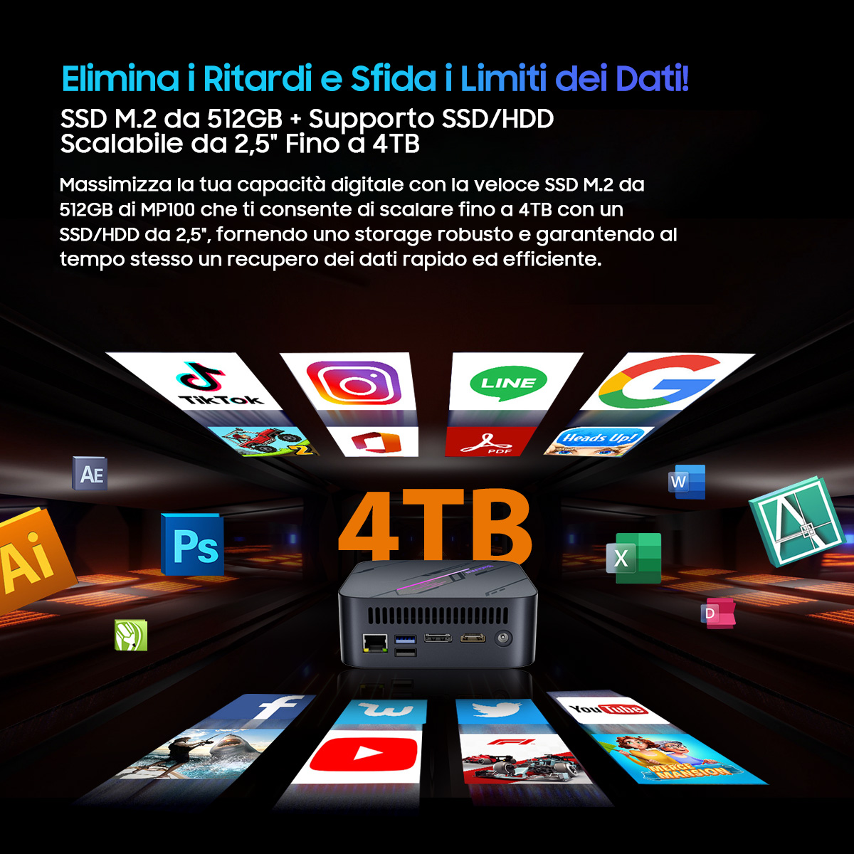 Annuncio per un mini-computer. Presenta icone di app, un testo '4TB' e informazioni sul prodotto in italiano.