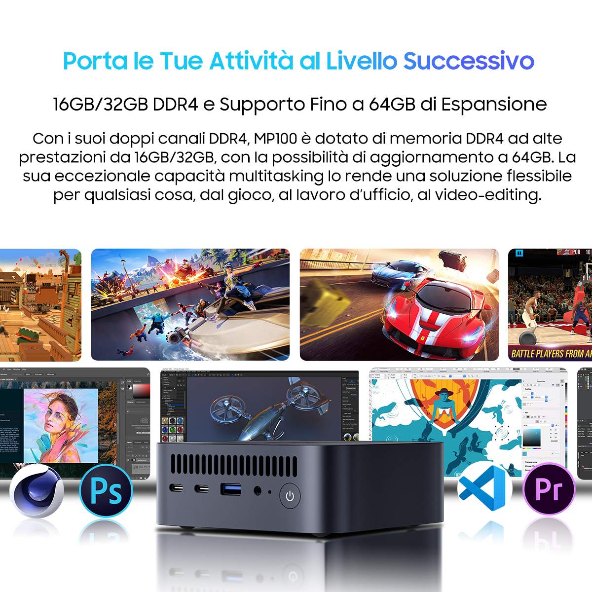Un mini PC nero con screenshot di applicazioni. Il testo in alto parla di DDR4 e multitasking.