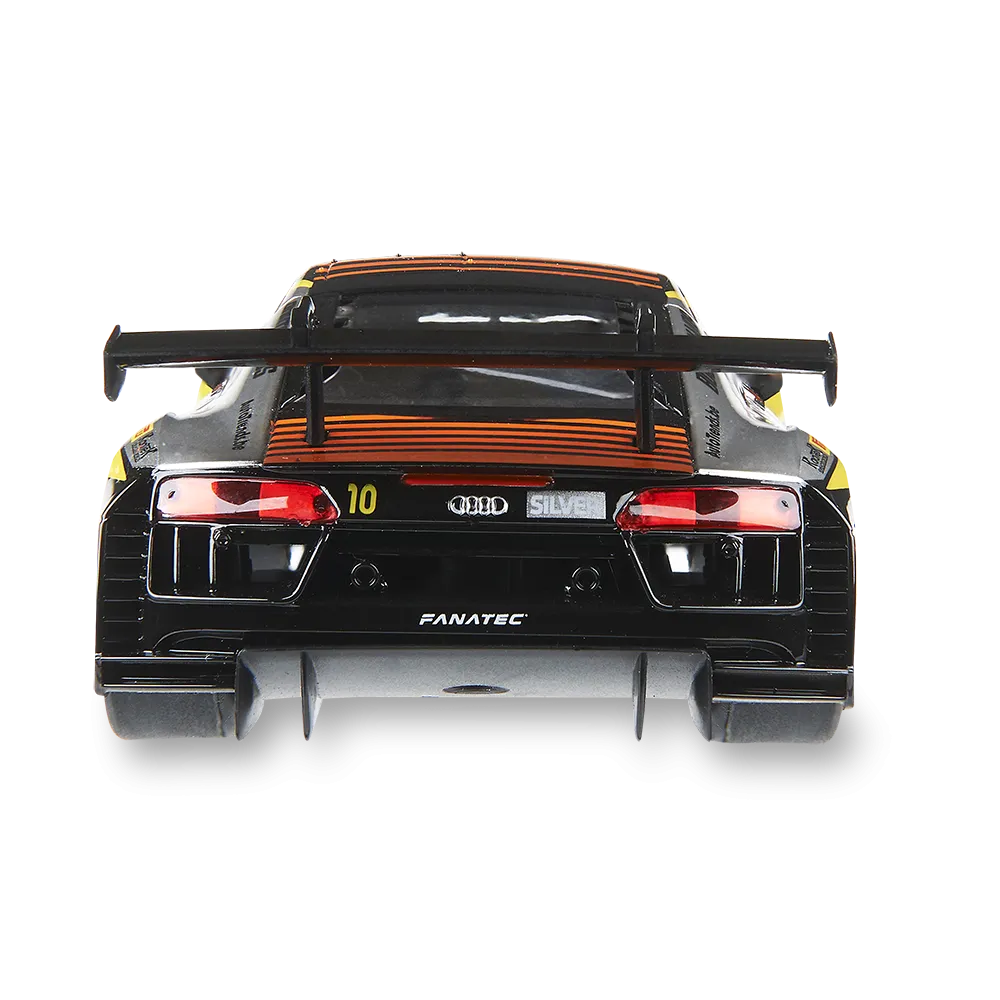 Vista trasera de un Audi R8 negro de carreras con rayas naranjas, el número 10 y el logotipo de FANATEC. Tiene un alerón grande.