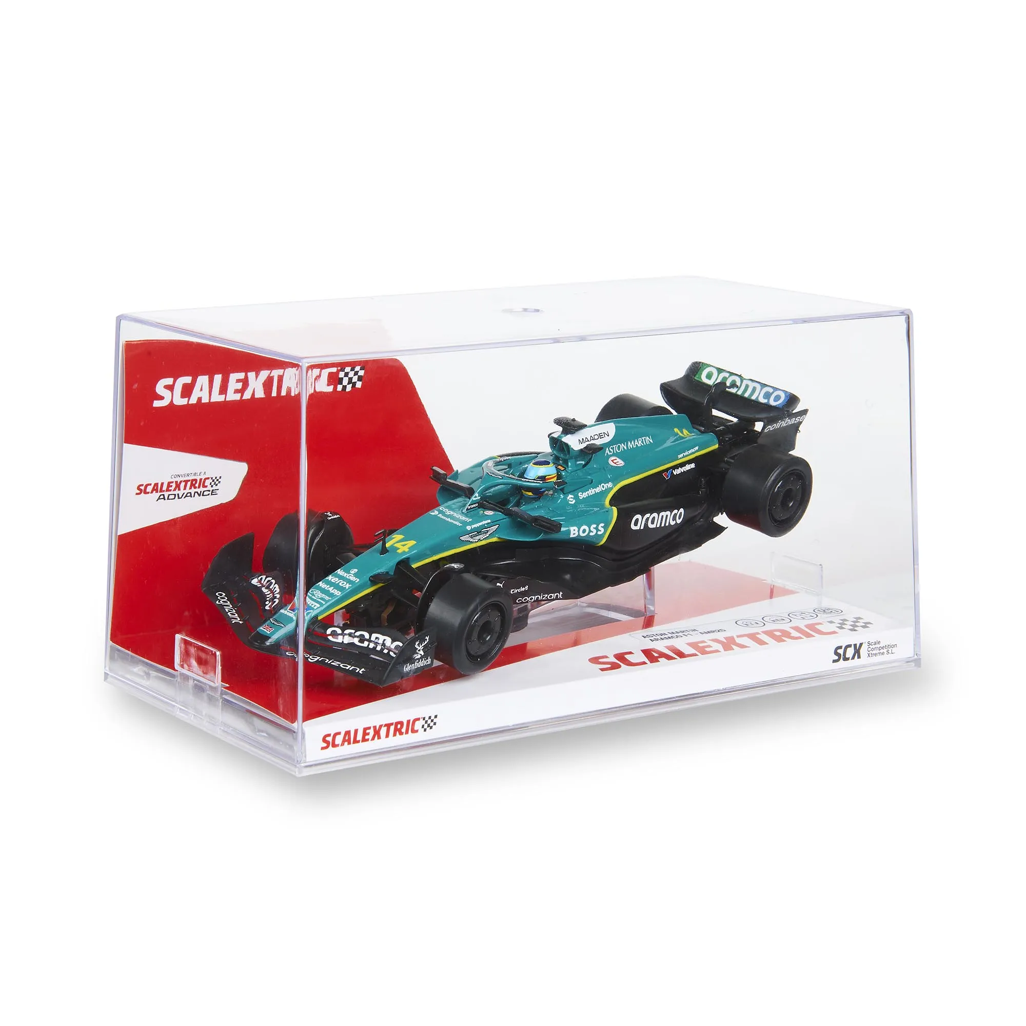 Un modelo de coche Aston Martin F1 se exhibe en una caja transparente. El coche es verde y negro, con logotipos de patrocinadores.