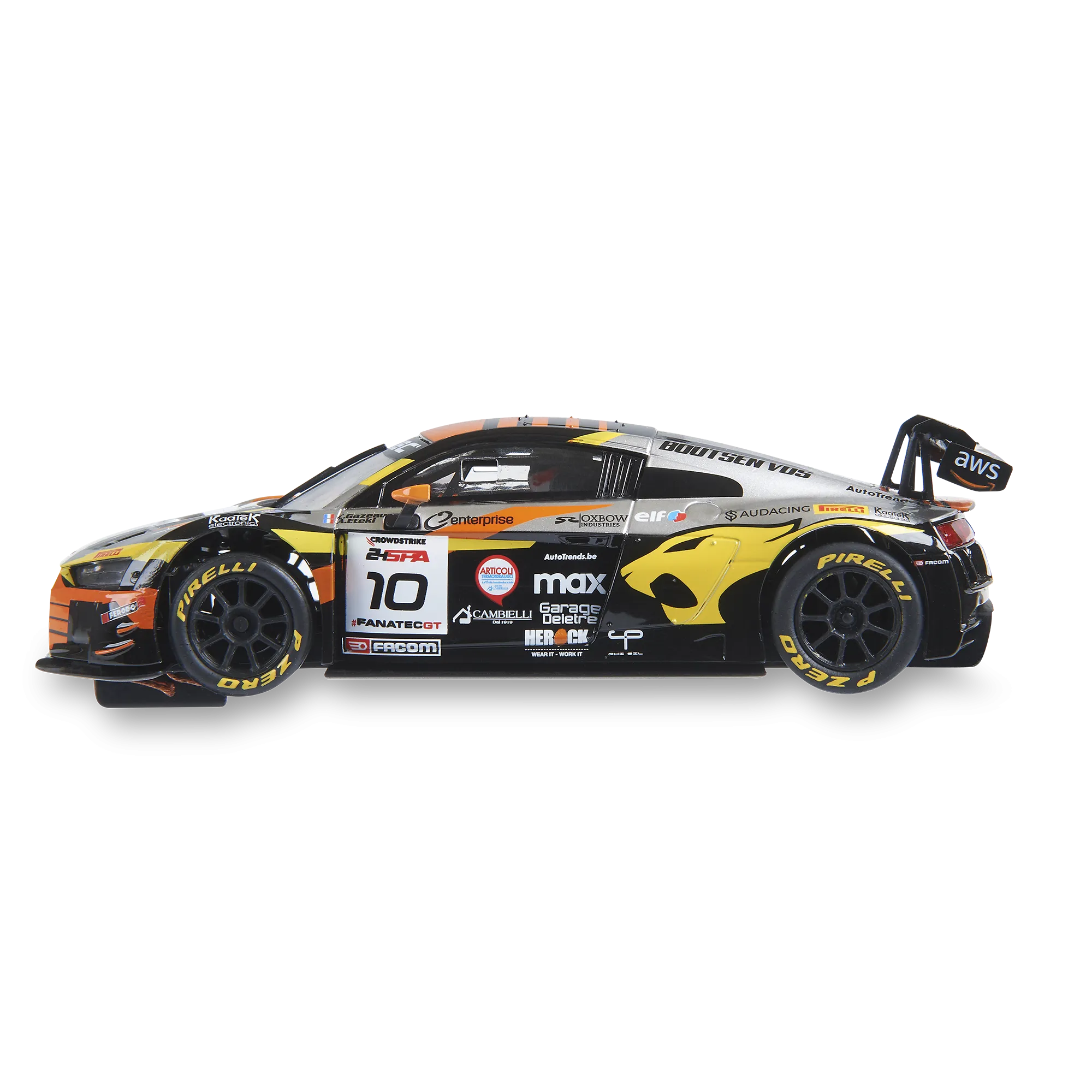 Un coche de carreras negro y amarillo con logotipos de patrocinadores. El coche tiene el número 10 y neumáticos Pirelli.