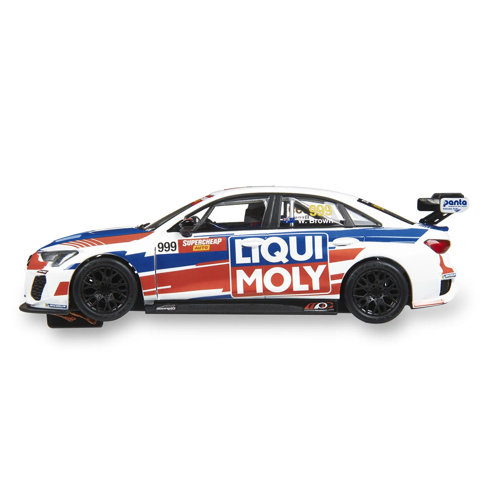 Un coche de carreras blanco y rojo con ruedas negras. Tiene logotipos de patrocinadores como Liqui Moly y Supercheap Auto.