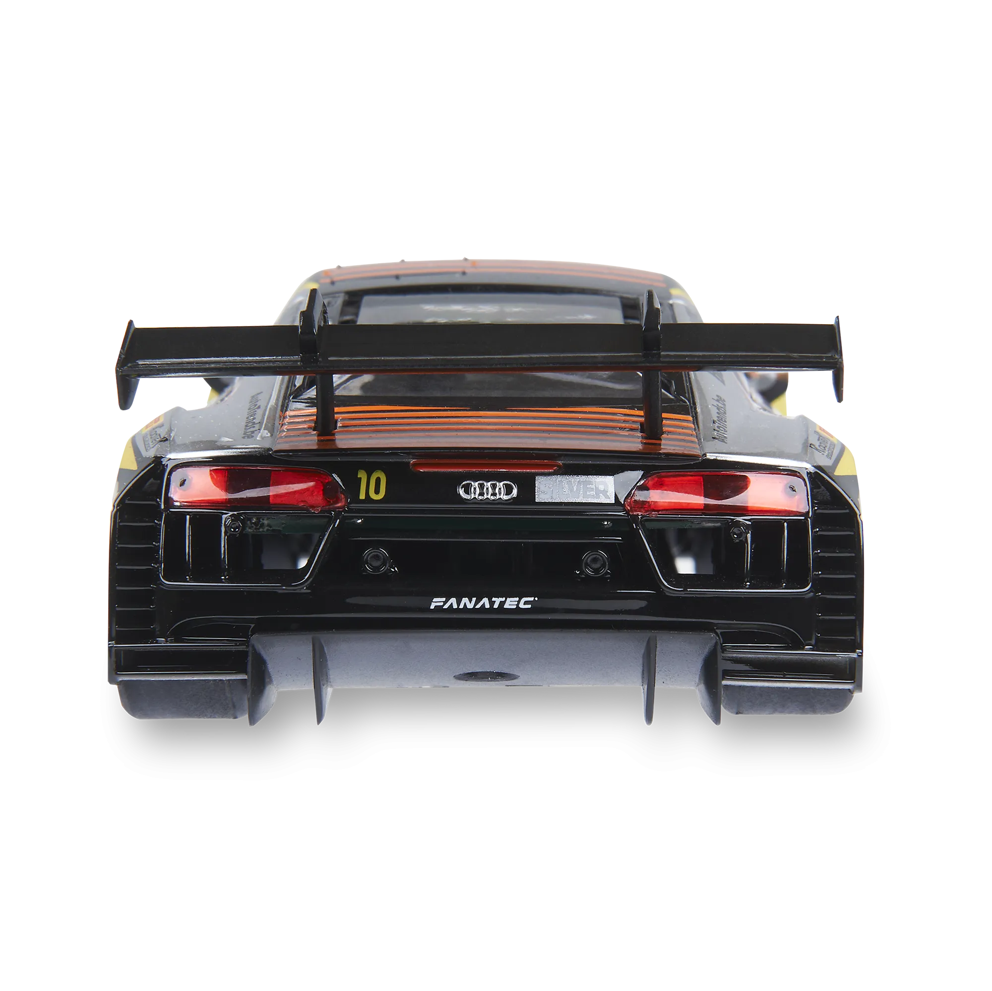Vista trasera del modelo de coche Audi R8 negro. Tiene alerón, el número 10 y la marca Fanatec.